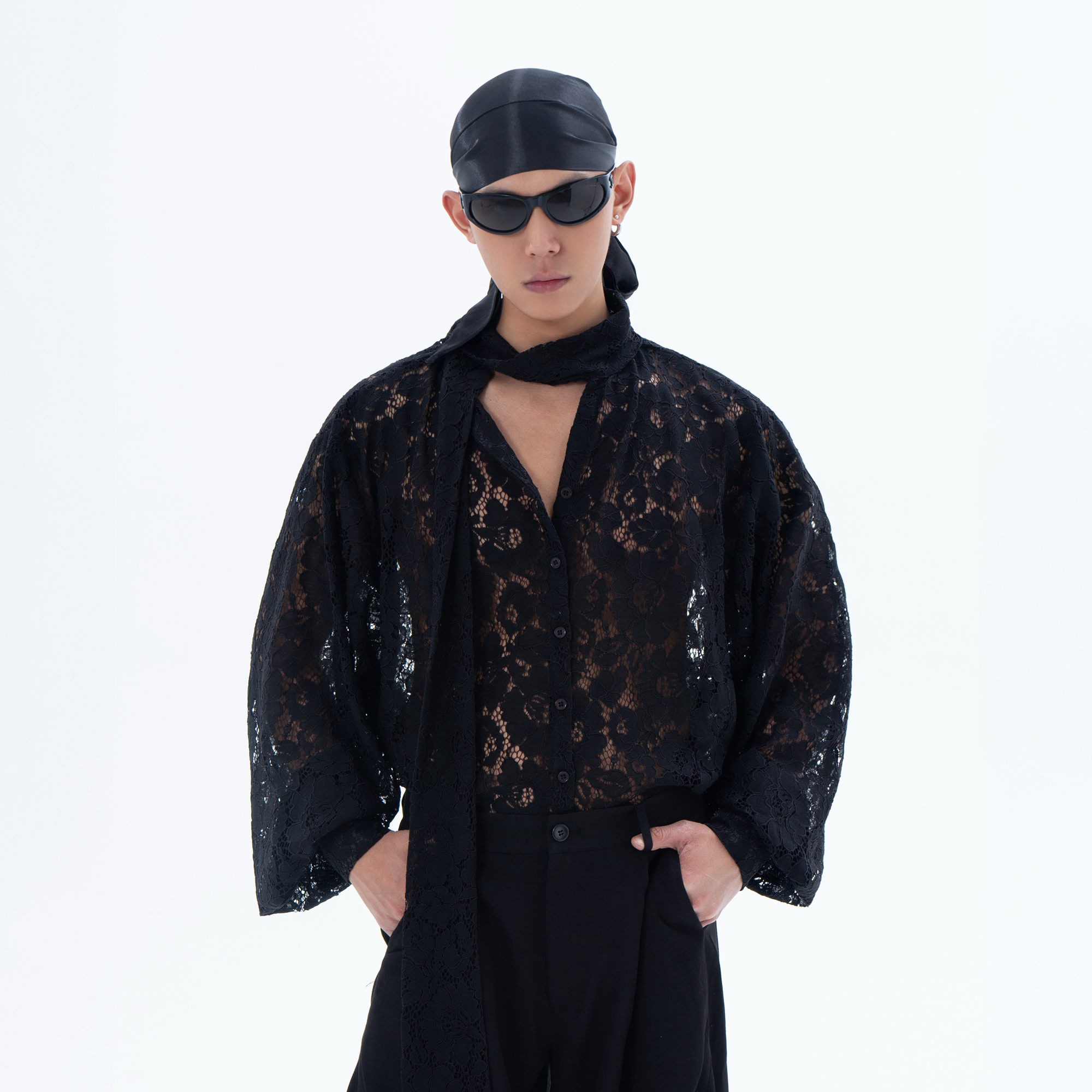 CLP Floral Lace Tie-Neck Shirt