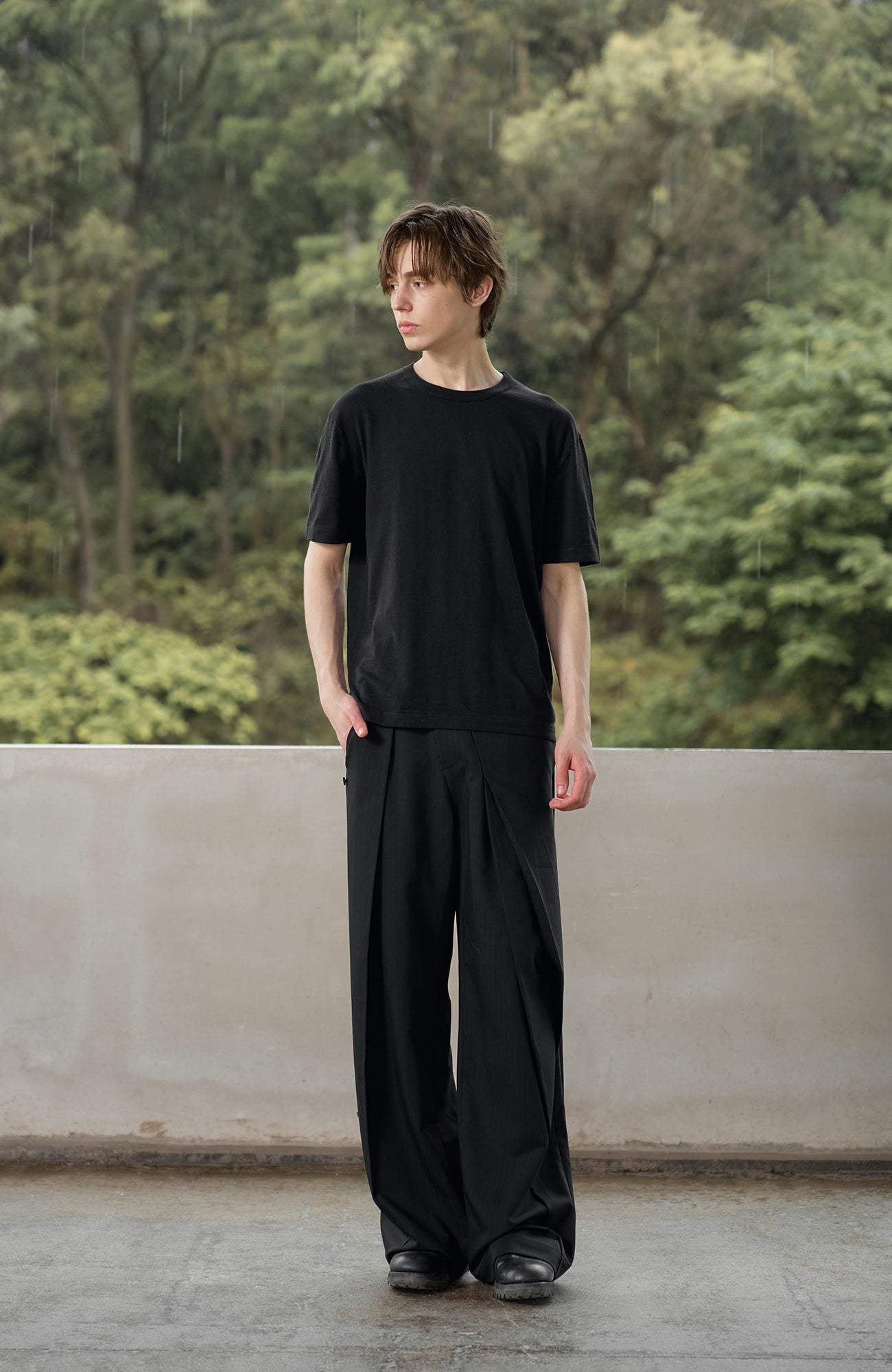 MOITIEDEPETALE Detachable Wrap Panel Slanted Pleat Trousers