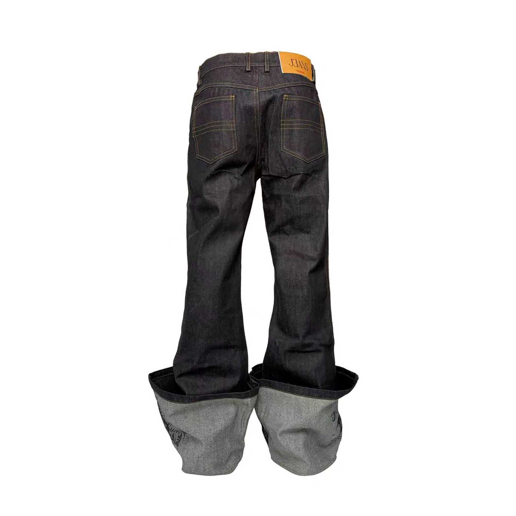 PCCVISION Baroque Embroidered Raw Denim Stacked Jeans