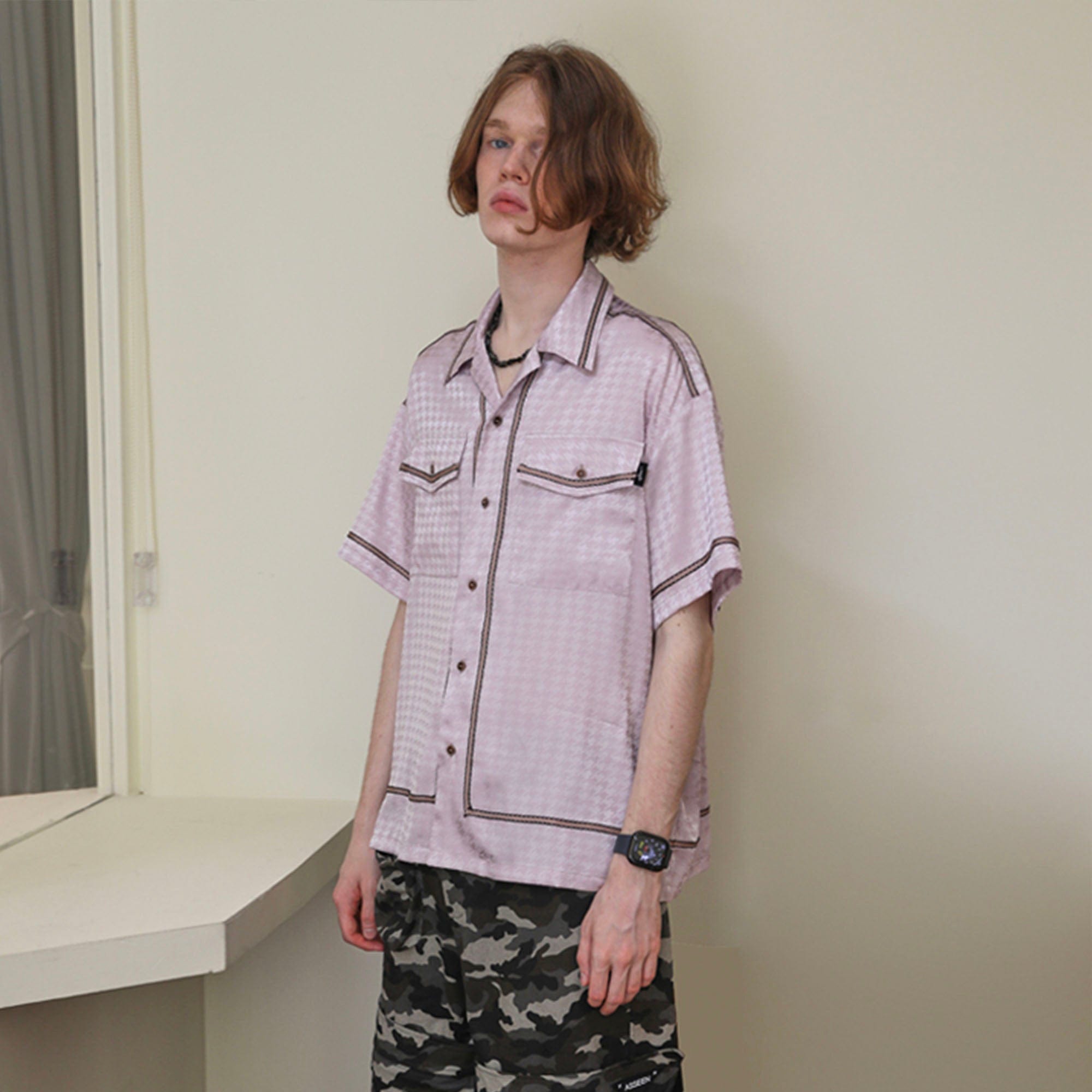 ASSEEN Contrast Piped Glossy Houndstooth Half Shirt, premium urban and streetwear designers apparel on PROJECTISR.com, ASSEEN