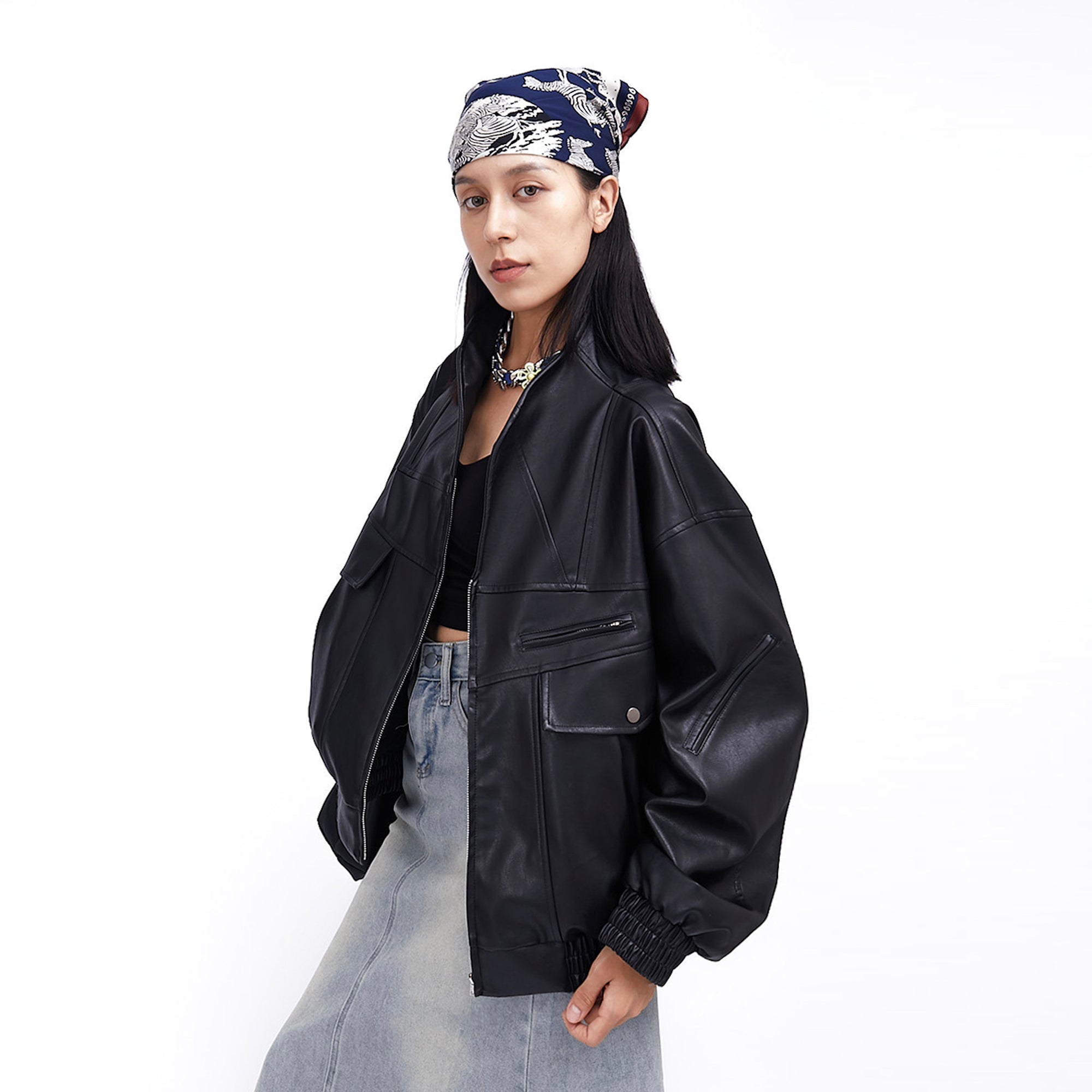 ASSEEN Oversized Paneled Utility Faux Leather Jacket