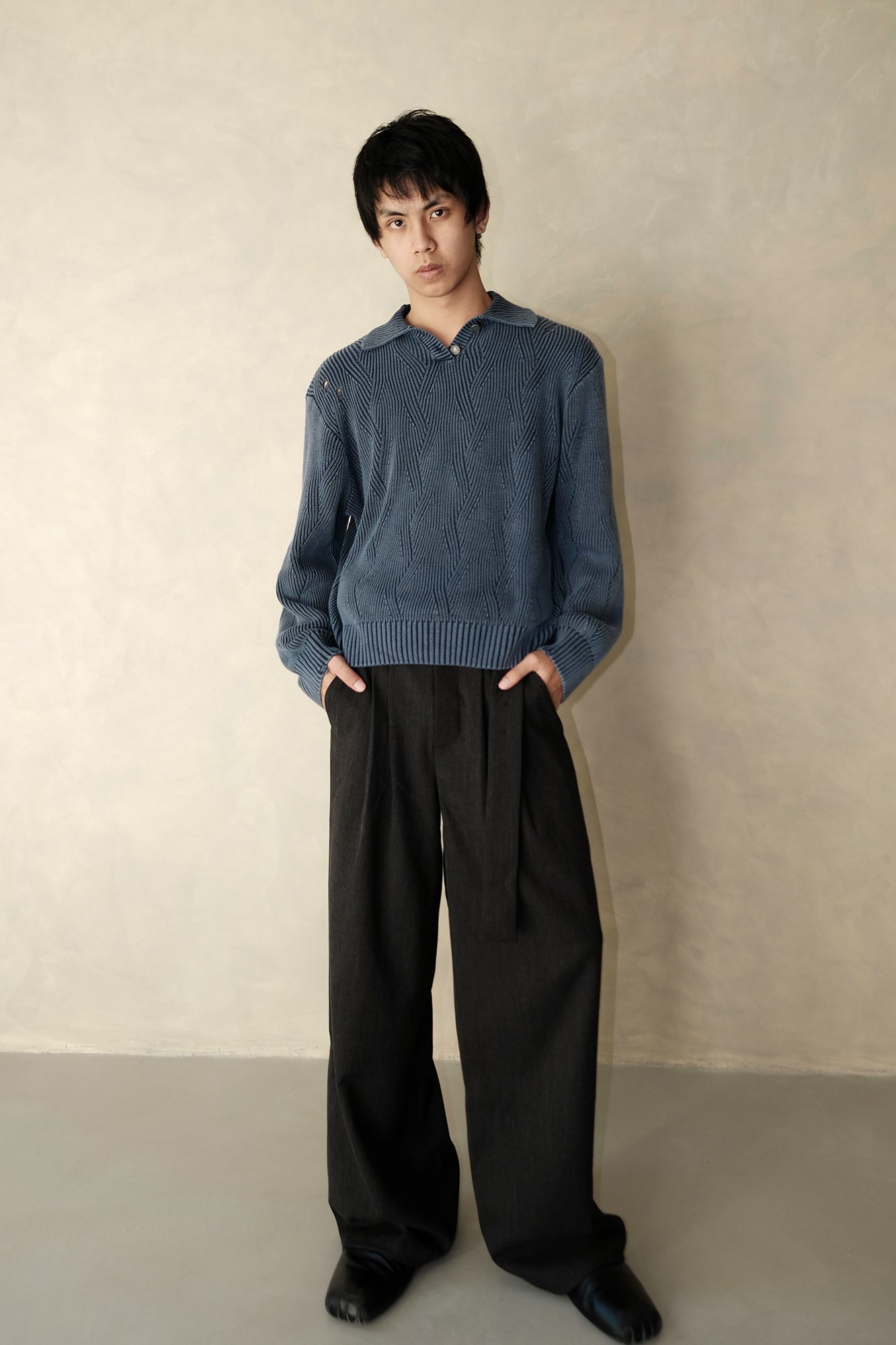 IN EXISTENCE Distressed Chevron Collared Sweater