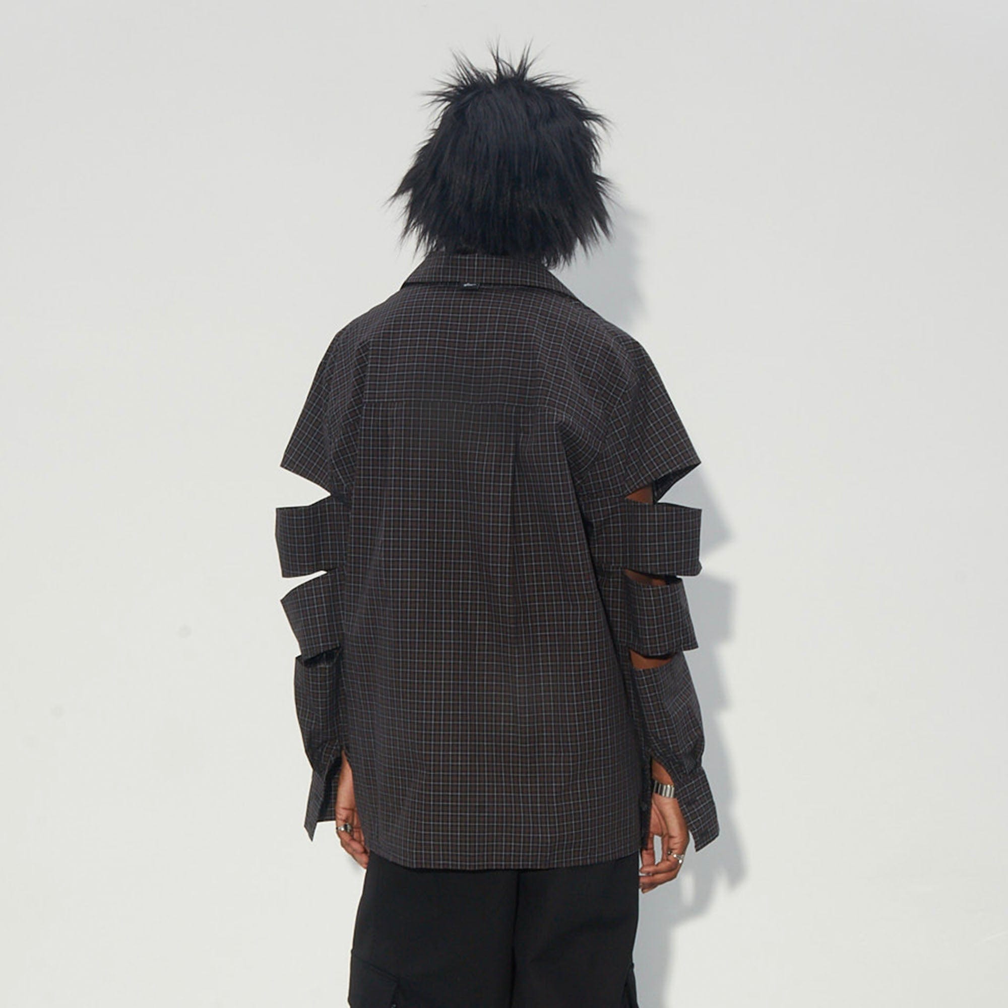 ASSEEN Deconstructed Cutout-Sleeve Mini Check Shirt, premium urban and streetwear designers apparel on PROJECTISR.com, ASSEEN