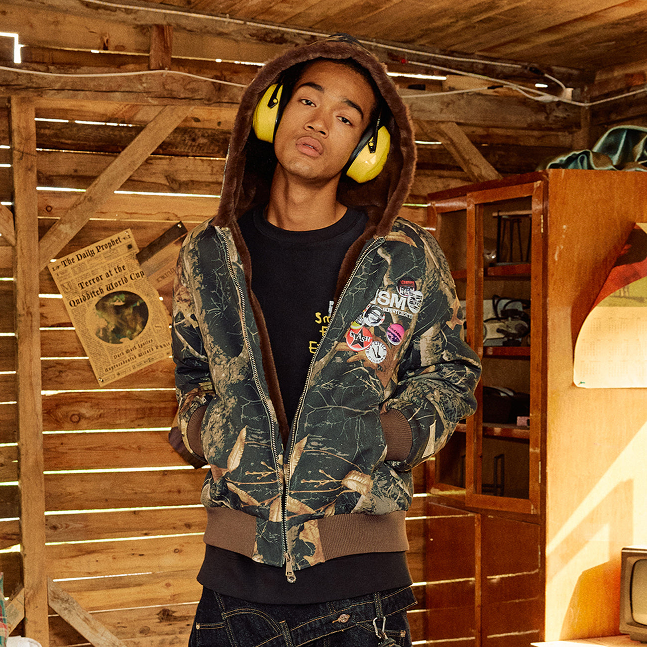 DONSMOKE Faux Fur Lined Camo Hooded Jacket