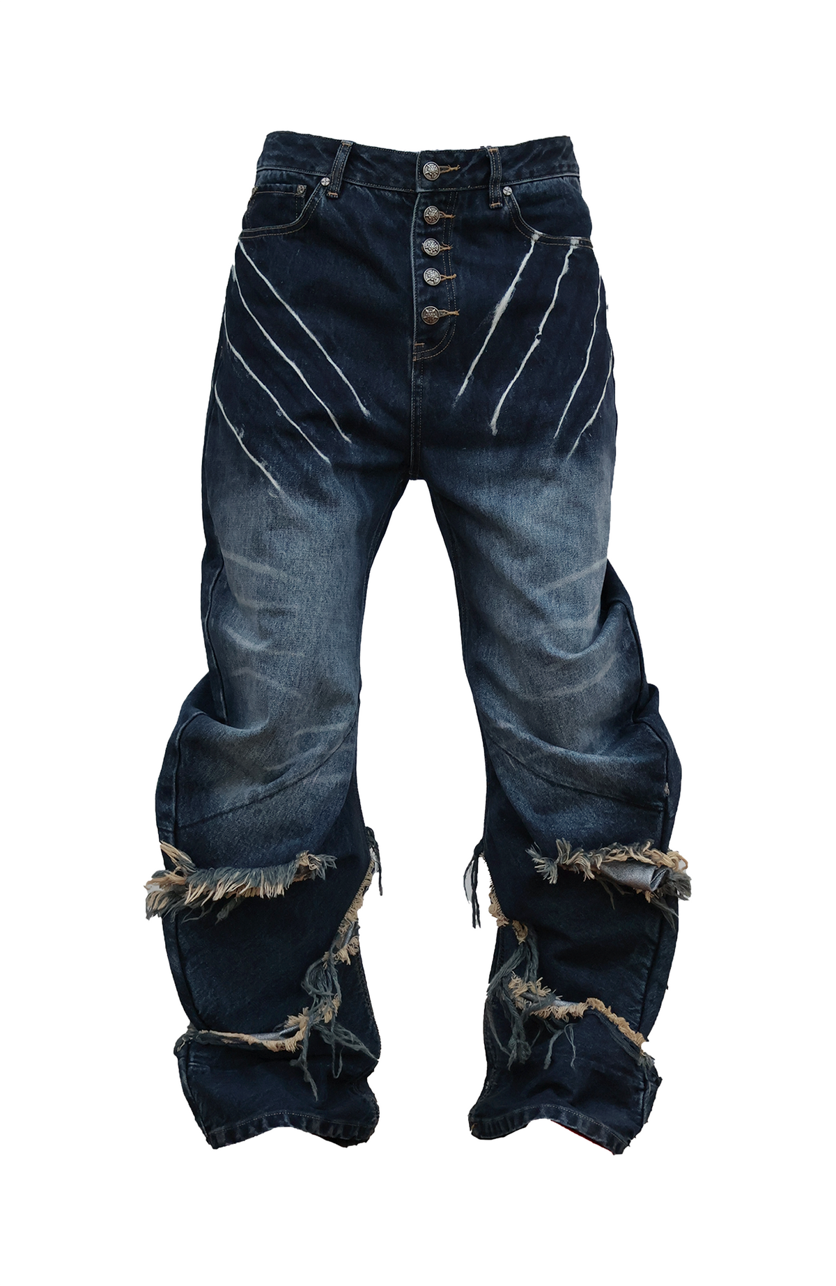 SEXXDEVIL Distressed Claw-Scratch Spliced Washed Curved Jeans