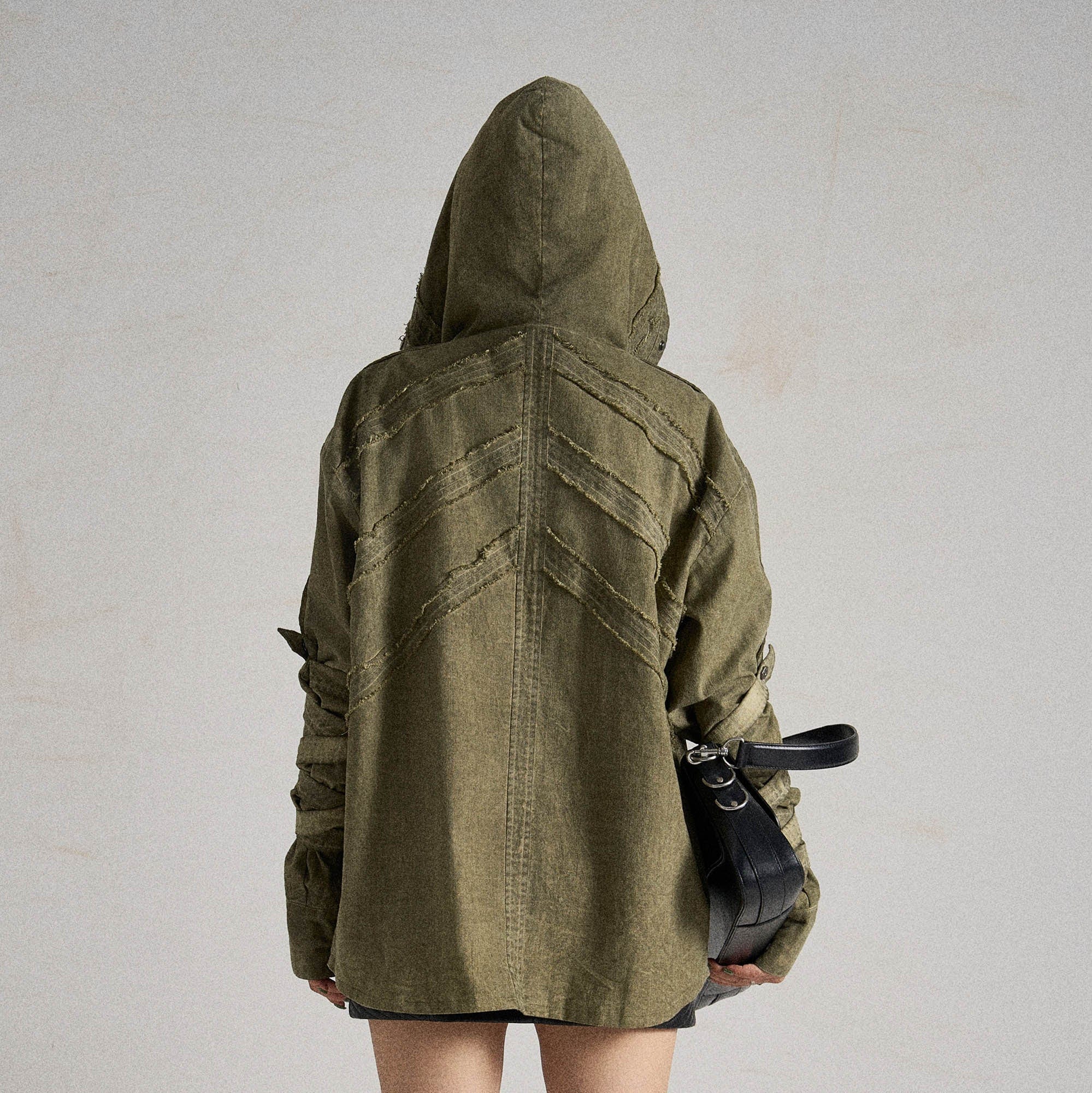 FLYERRER Frayed Fishbone Spliced Strap Hooded Jacket