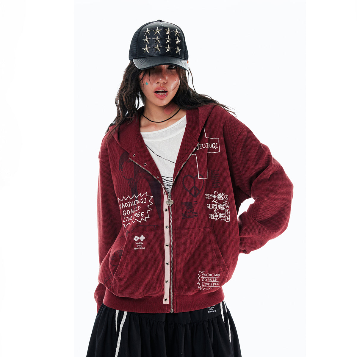 1997 POSTOFFICE Punk Graffiti Waffle-Knit Zip-Up Hoodie