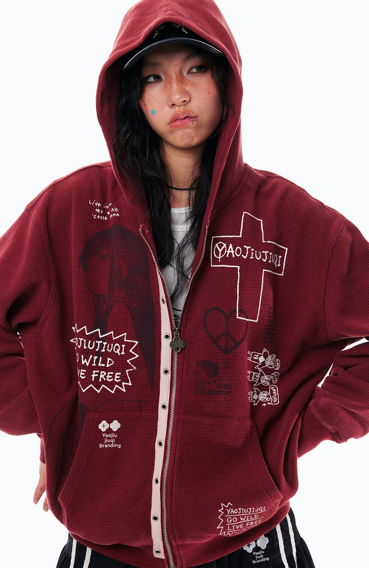 1997 POSTOFFICE Punk Graffiti Waffle-Knit Zip-Up Hoodie
