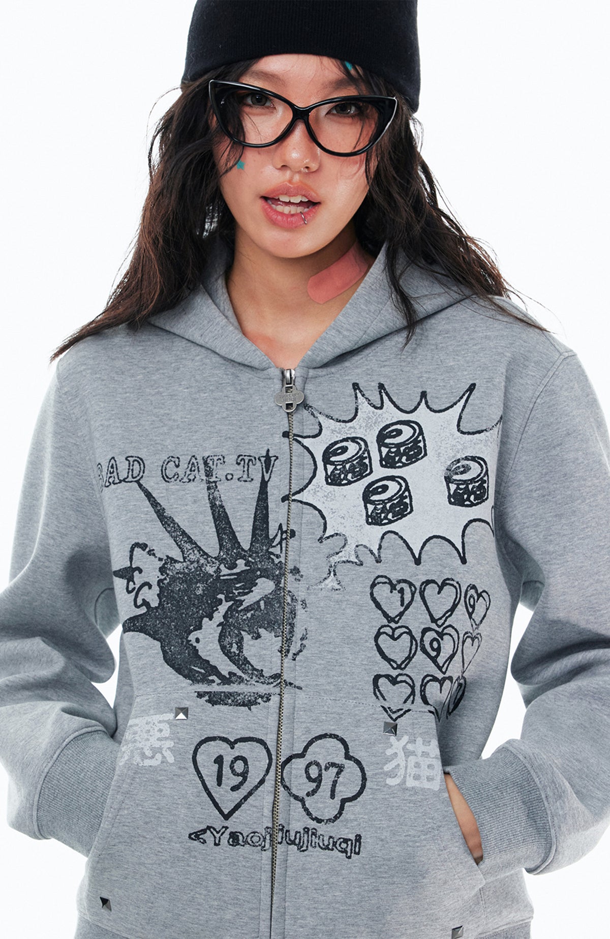 1997 POSTOFFICE Punk Bad Cat Graphic Zip-Up Hoodie