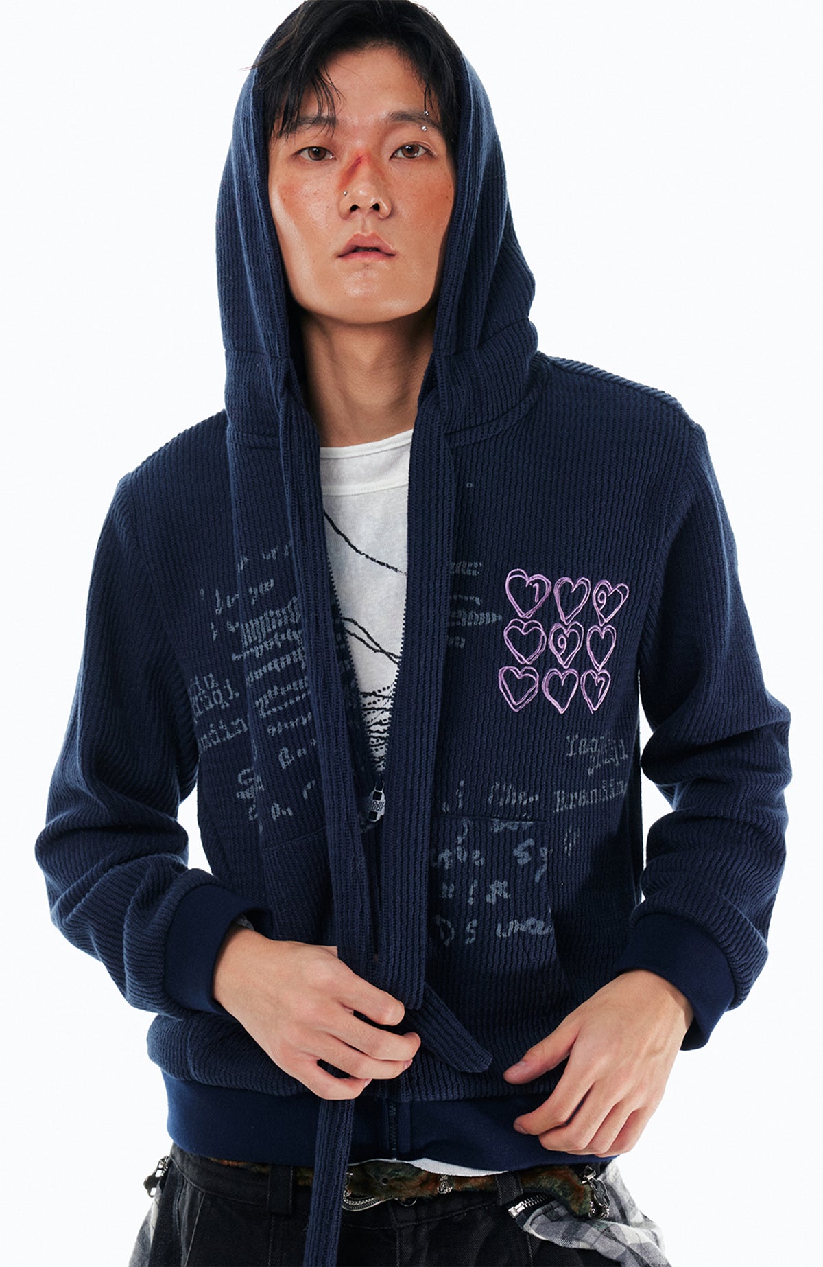 1997 POSTOFFICE Graffiti Waffle-Knit Tie-Strap Zip-Up Hoodie