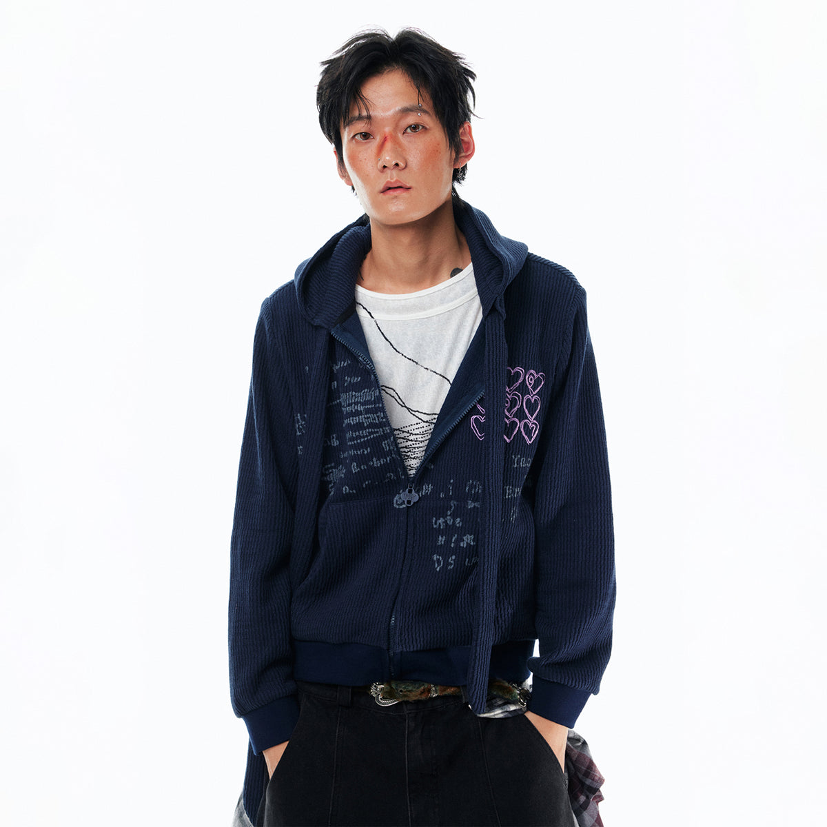 1997 POSTOFFICE Graffiti Waffle-Knit Tie-Strap Zip-Up Hoodie