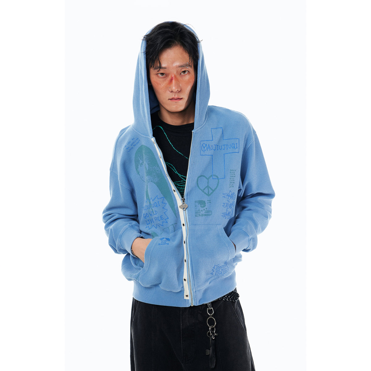 1997 POSTOFFICE Punk Graffiti Waffle-Knit Zip-Up Hoodie