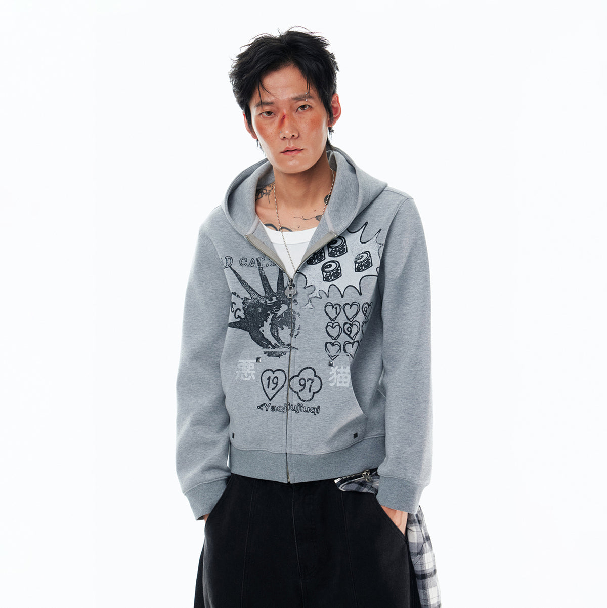 1997 POSTOFFICE Punk Bad Cat Graphic Zip-Up Hoodie