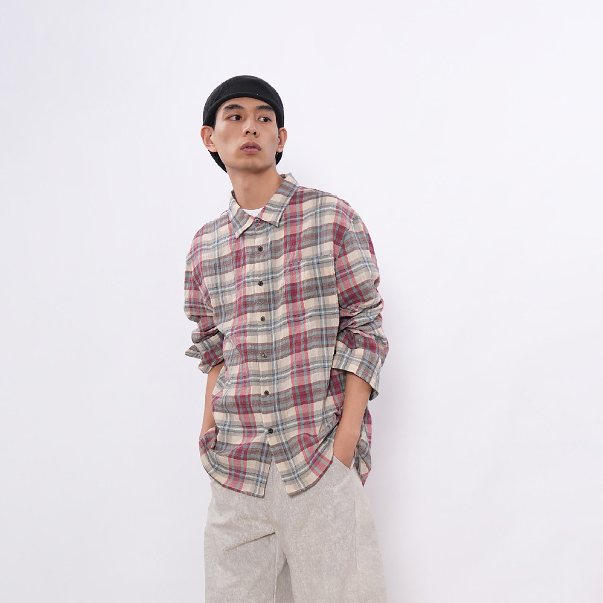 7440 37 1 Retro Linen-Blend Plaid Overshirt, premium urban and streetwear designers apparel on PROJECTISR.com, 7440 37 1