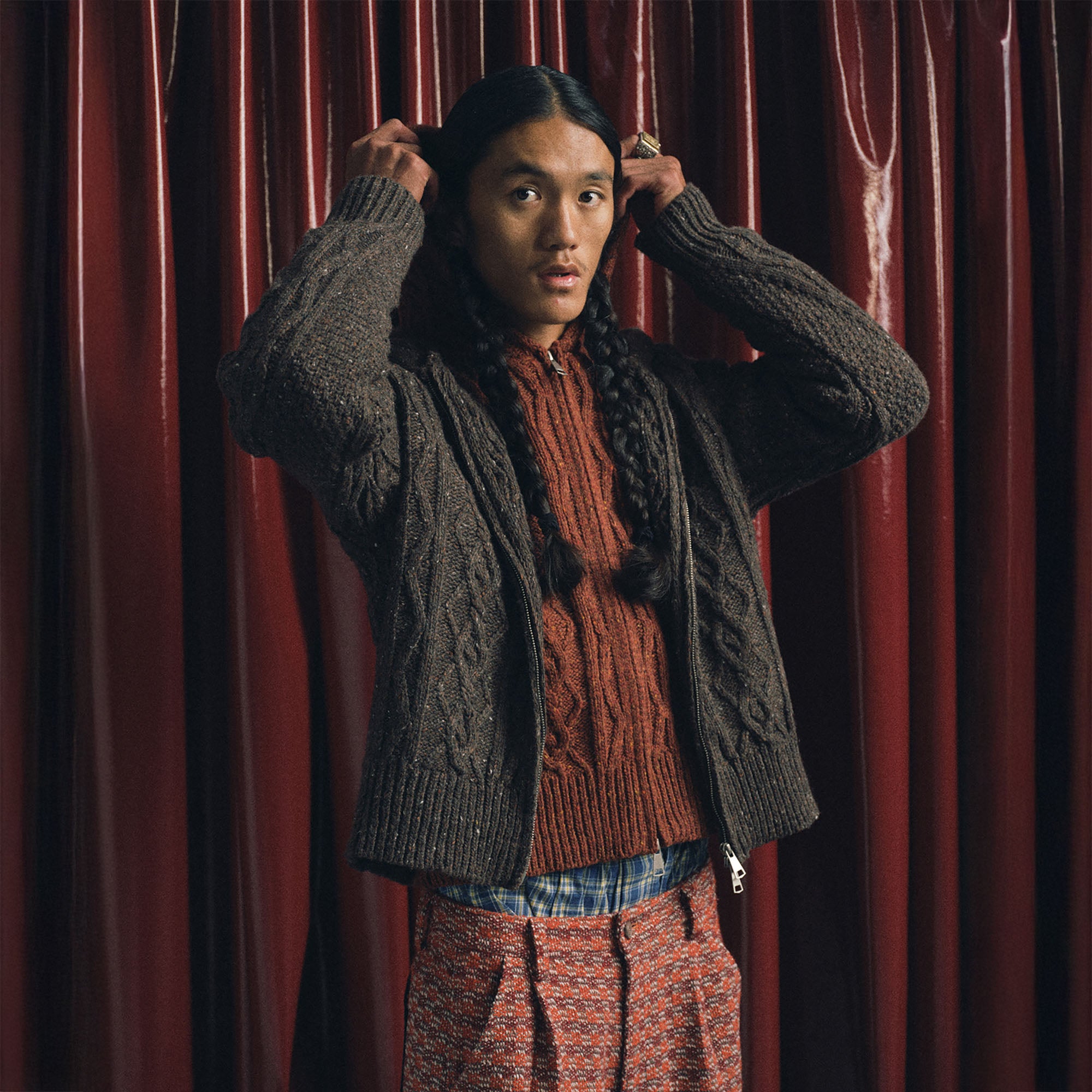TRECLUB Nep Yarn Cable-Knit Zip-Up Hooded Cardigan