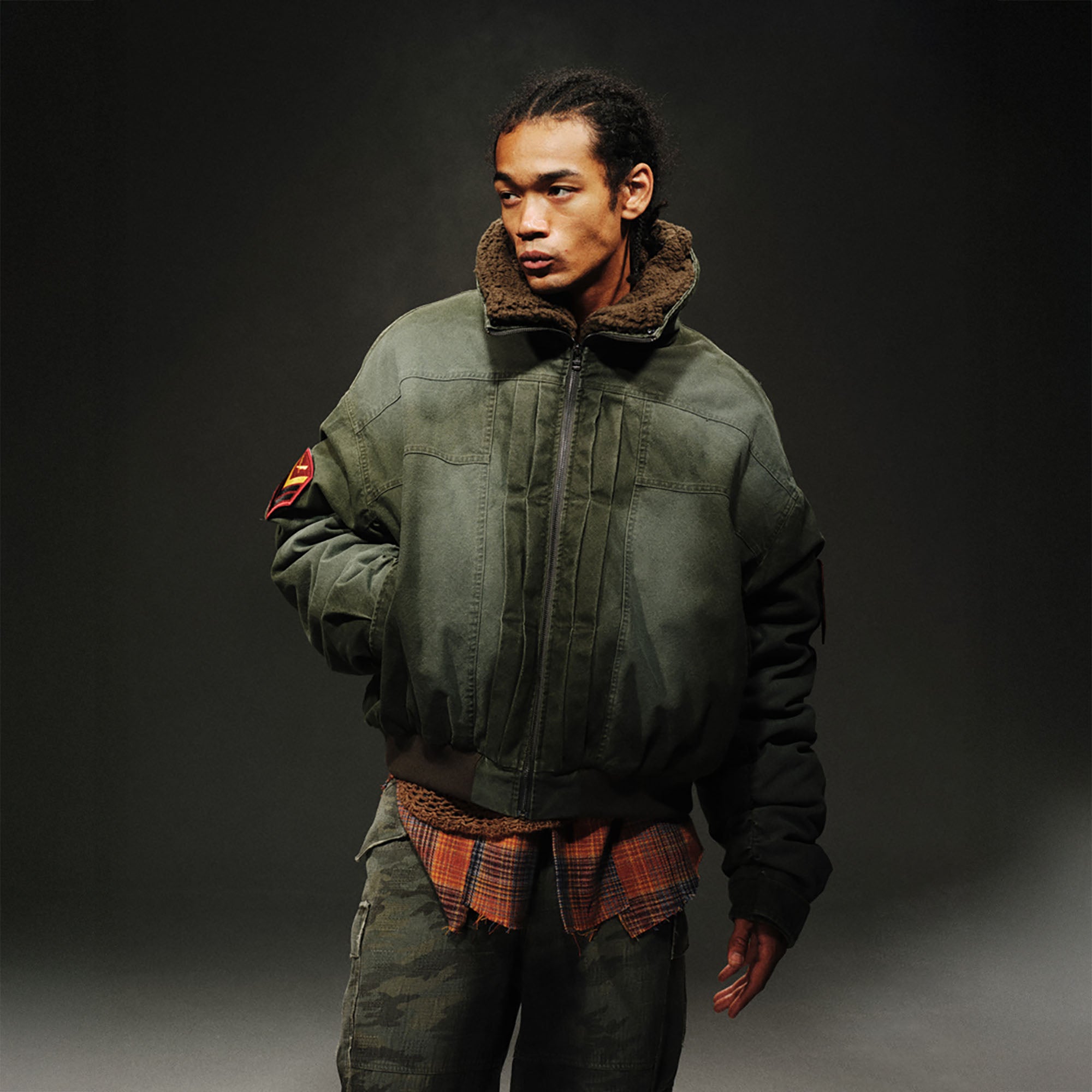 TRECLUB Distressed Patch Quilted Bomber