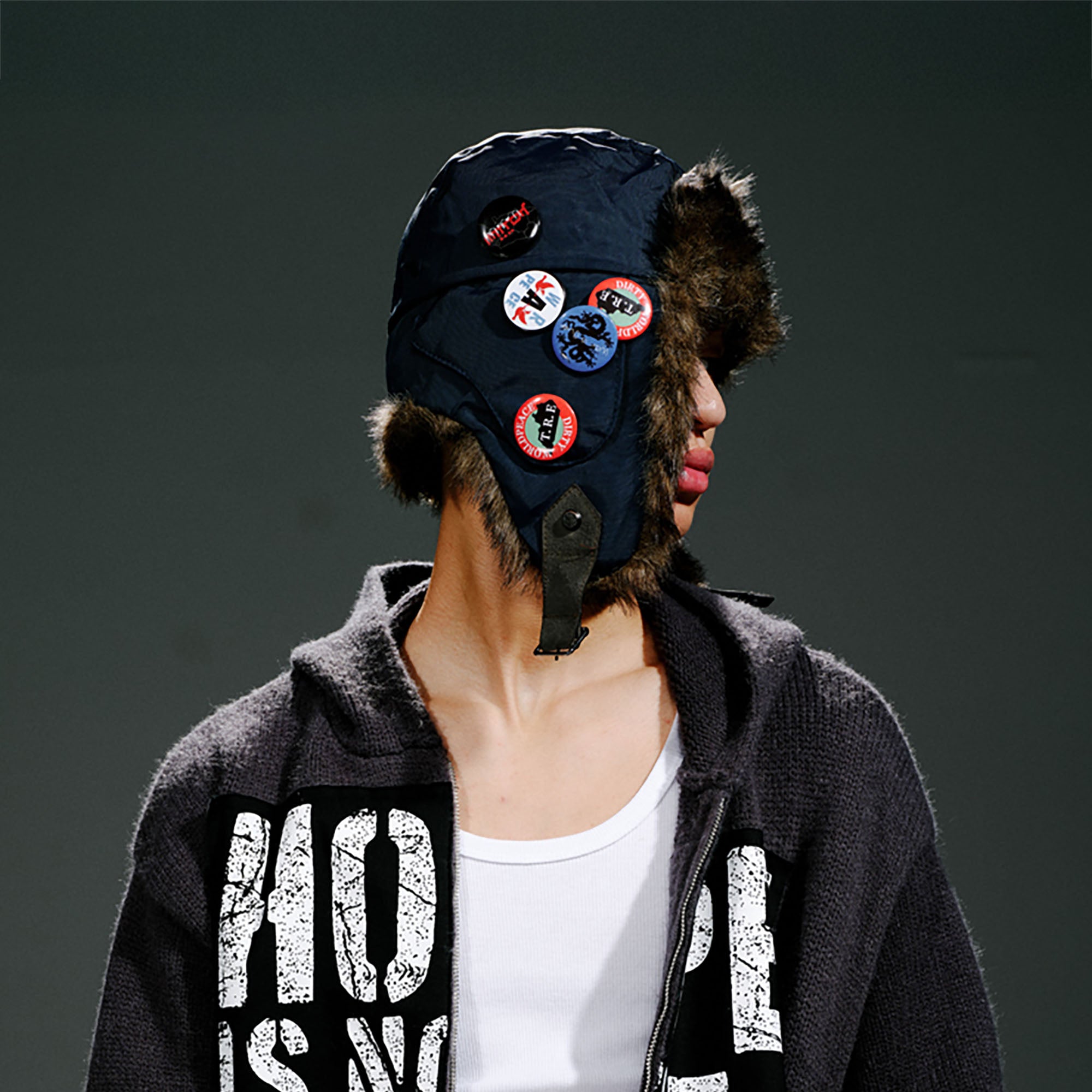 TRECLUB Faux-Fur Badge Aviator Hat