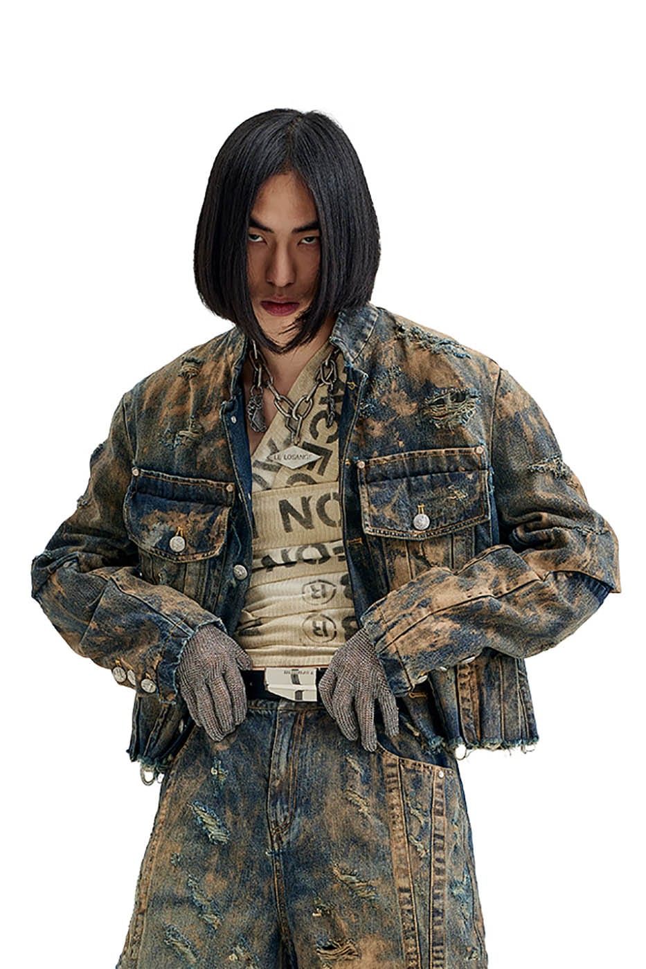 FACEONLAB Distressed Muddy Denim Jacket, premium urban and streetwear designers apparel on PROJECTISR.com, FACEONLAB