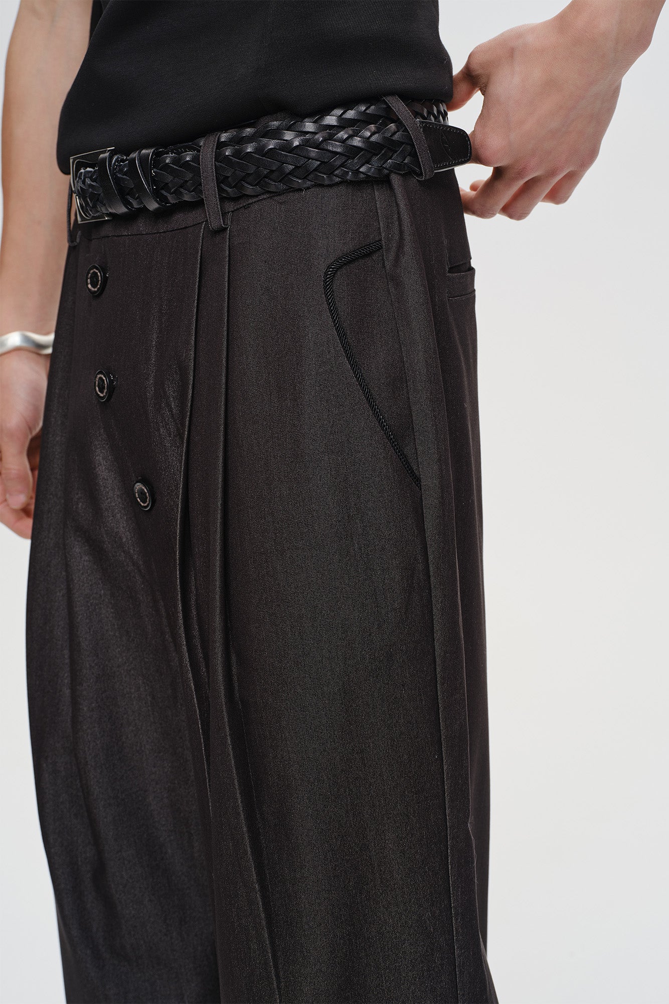 CATSSTAC Asymmetric Button Pleated Wide-Leg Trousers, premium urban and streetwear designers apparel on PROJECTISR.com, CATSSTAC