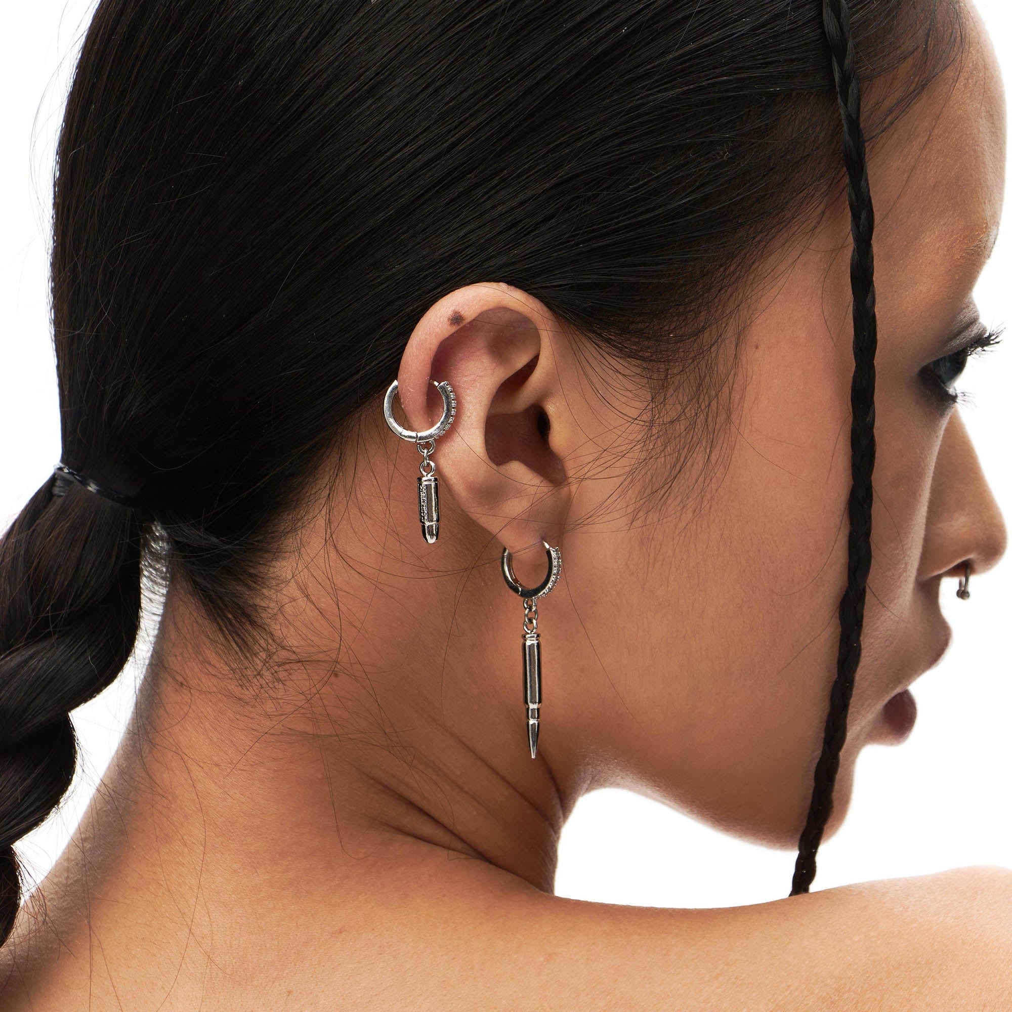 SCHWARZGOLD Diamond Bullet Drop Hoop Earrings