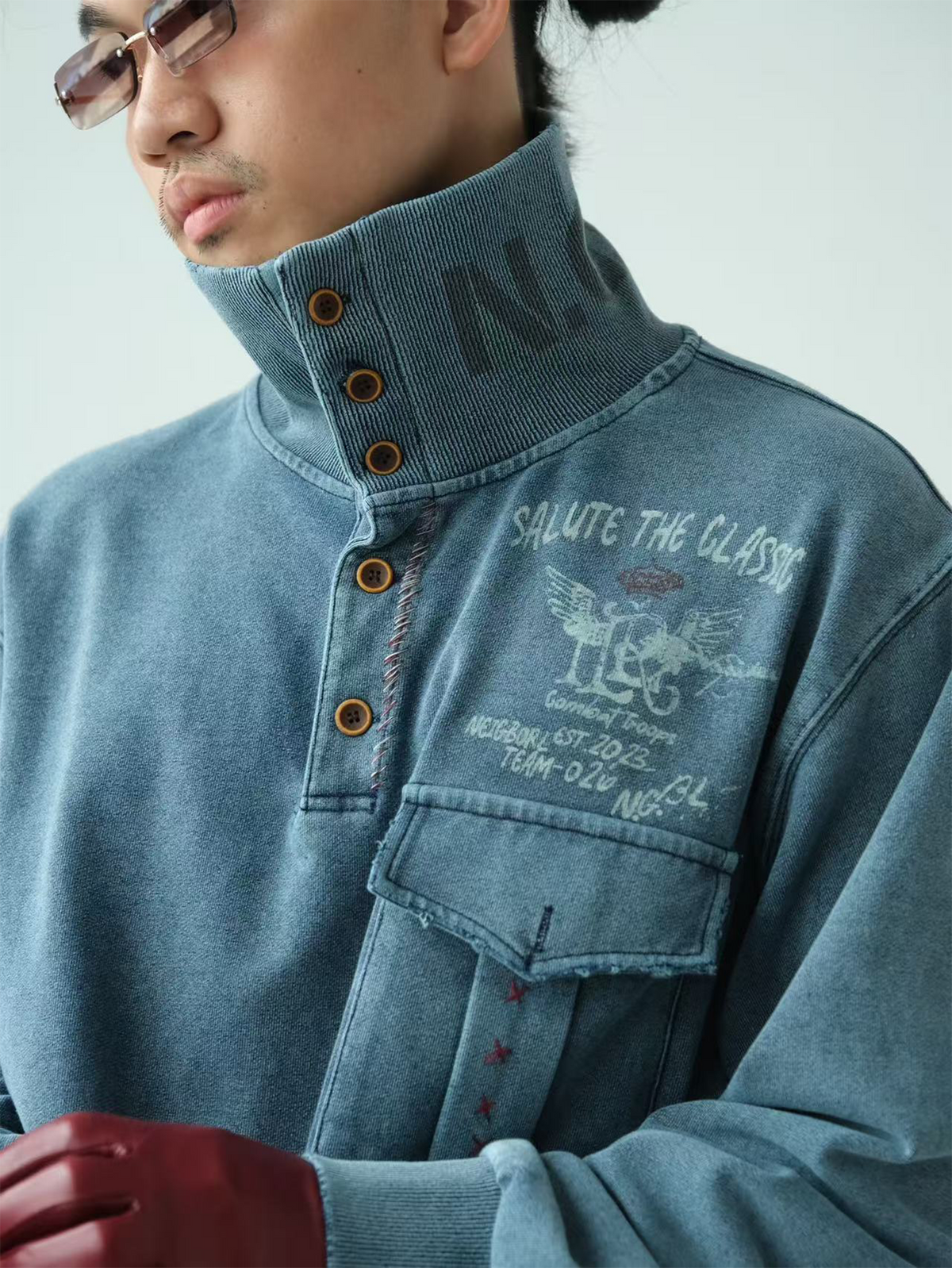 NEIGBORL Retro Graphic Washed Stand-Collar Sweatshirt