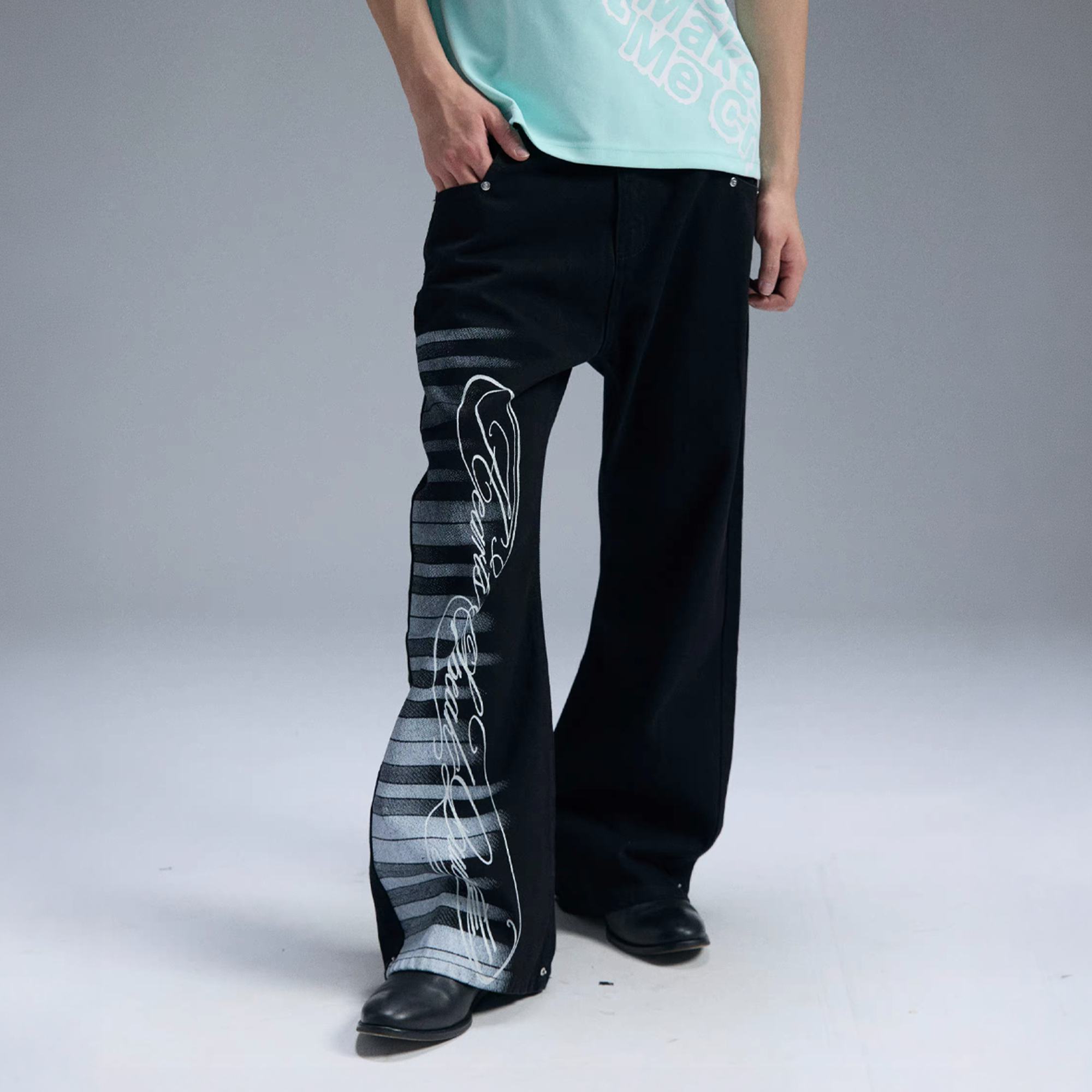 PAIKI Piano Key Script Foil Flared Jeans