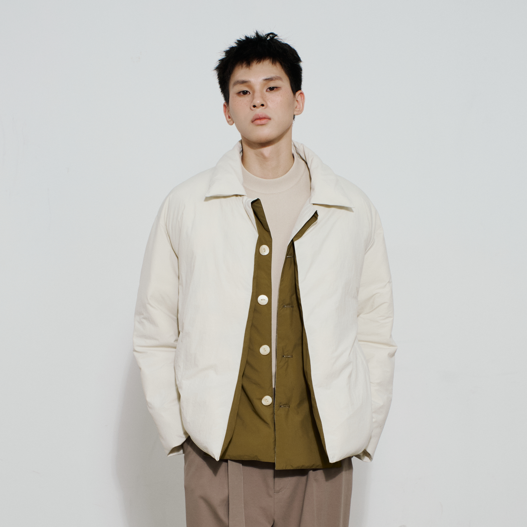 SAME FLOW Layered Contrast Placket Puffer Jacket