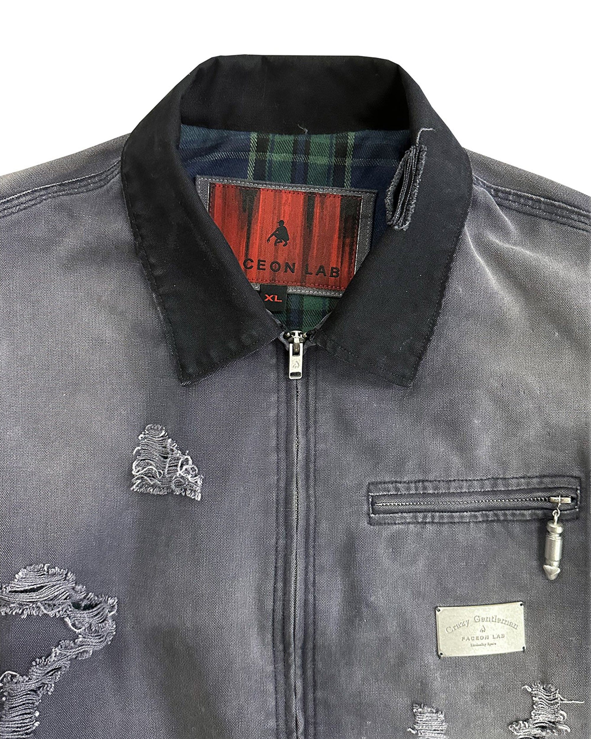 FACEONLAB Raw-Edge Ripped Rivet Metal Emblem Jacket Grey