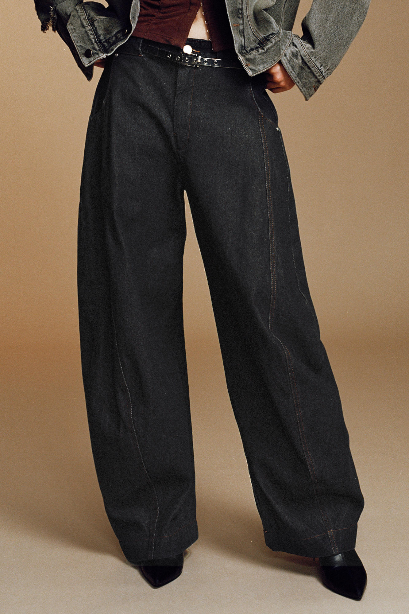 OPICLOTH Curved Panel Oversized Raw Jeans, premium urban and streetwear designers apparel on PROJECTISR.com, OPICLOTH