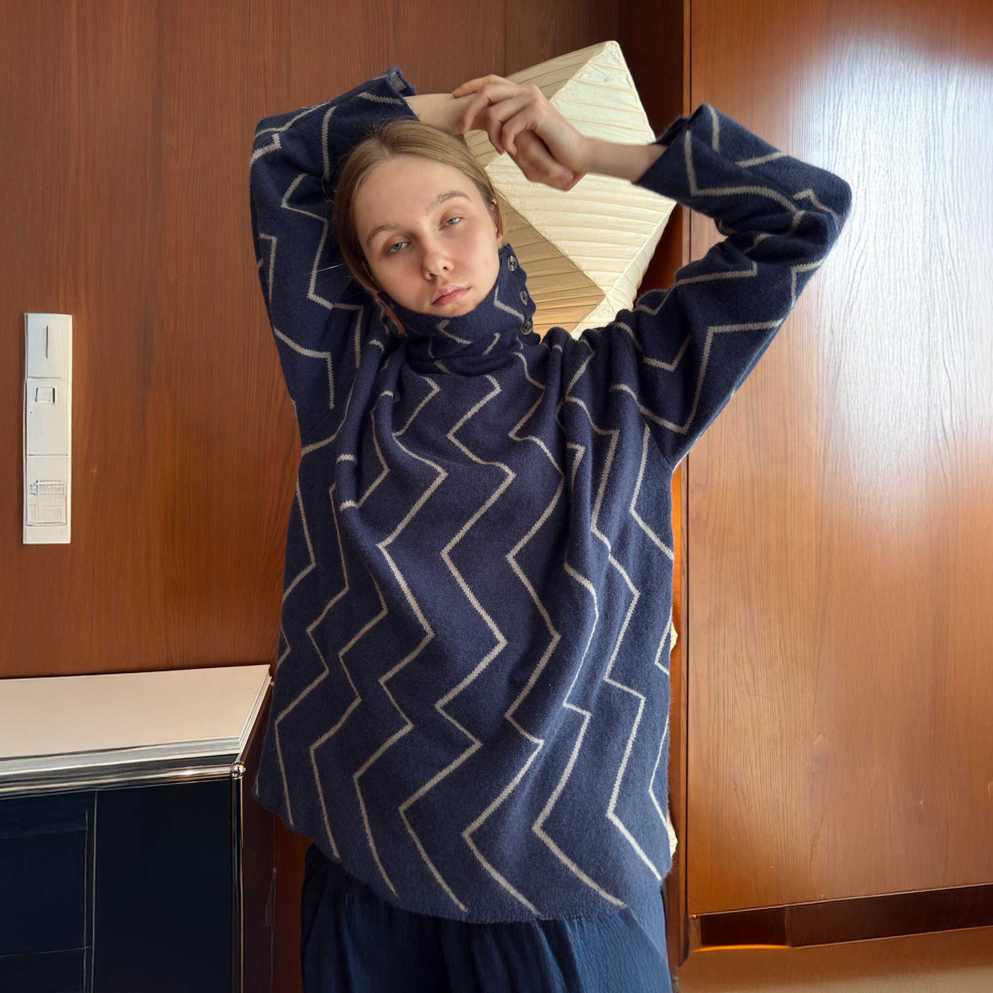 MIICHOUS Geometric Ripple Jacquard Asym High-Neck Sweater