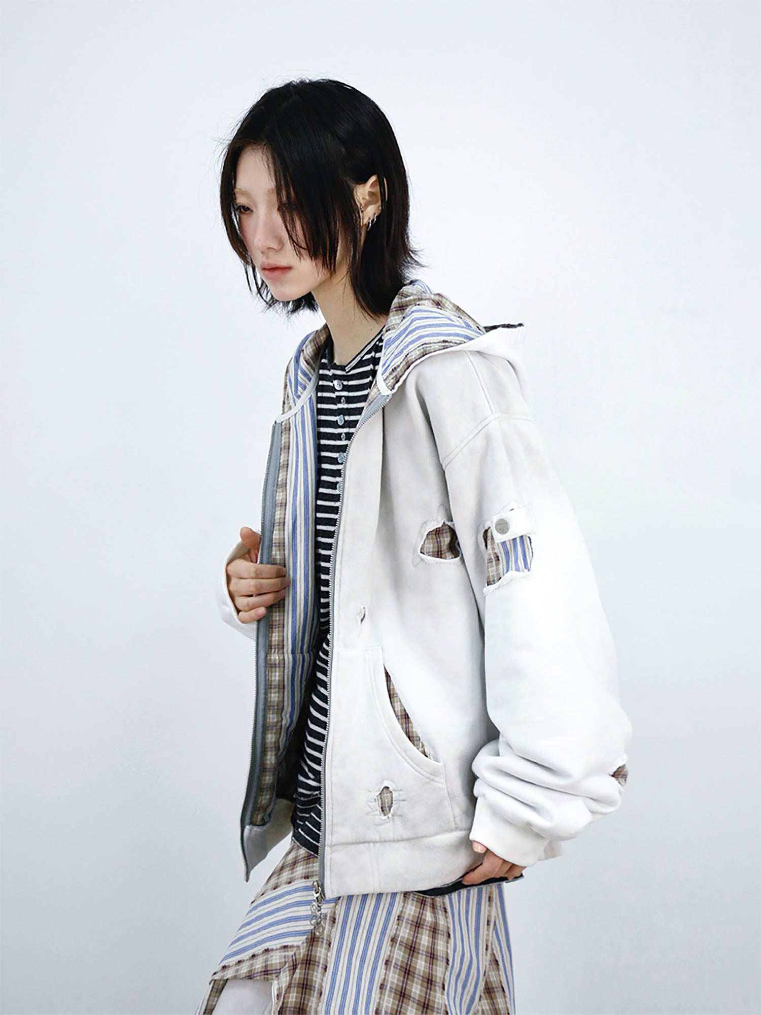 RELABEL Distressed Plaid Cut-Out Layered Hooded Jacket, premium urban and streetwear designers apparel on PROJECTISR.com, RELABEL