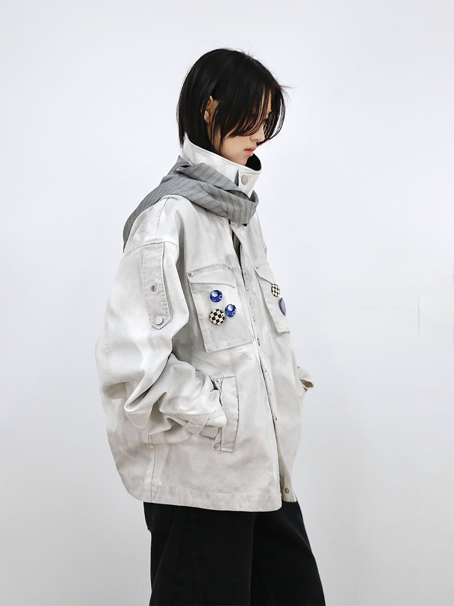 RELABEL Distressed Plaid Hood Oversized Jacket White, premium urban and streetwear designers apparel on PROJECTISR.com, RELABEL