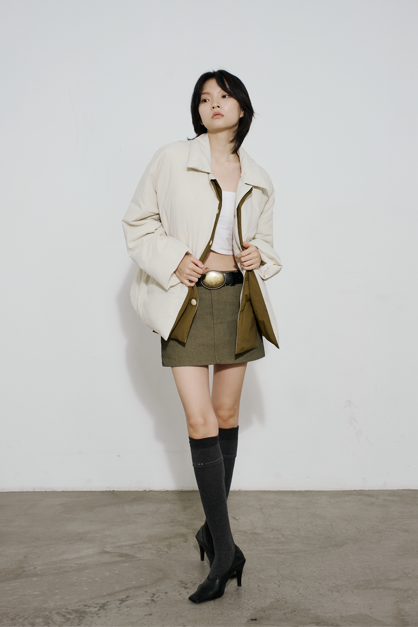 SAME FLOW Layered Contrast Placket Puffer Jacket