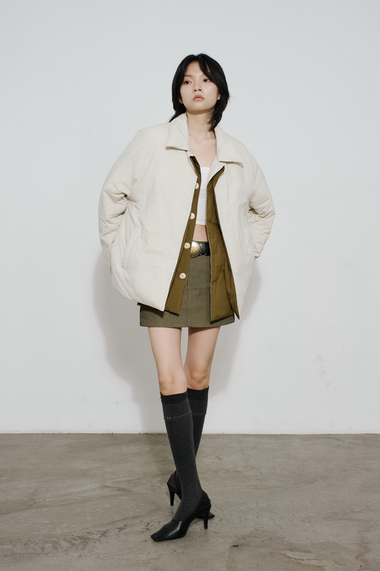 SAME FLOW Layered Contrast Placket Puffer Jacket