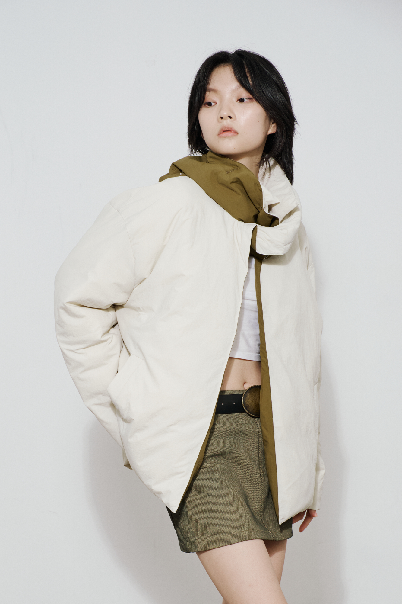 SAME FLOW Layered Contrast Placket Puffer Jacket