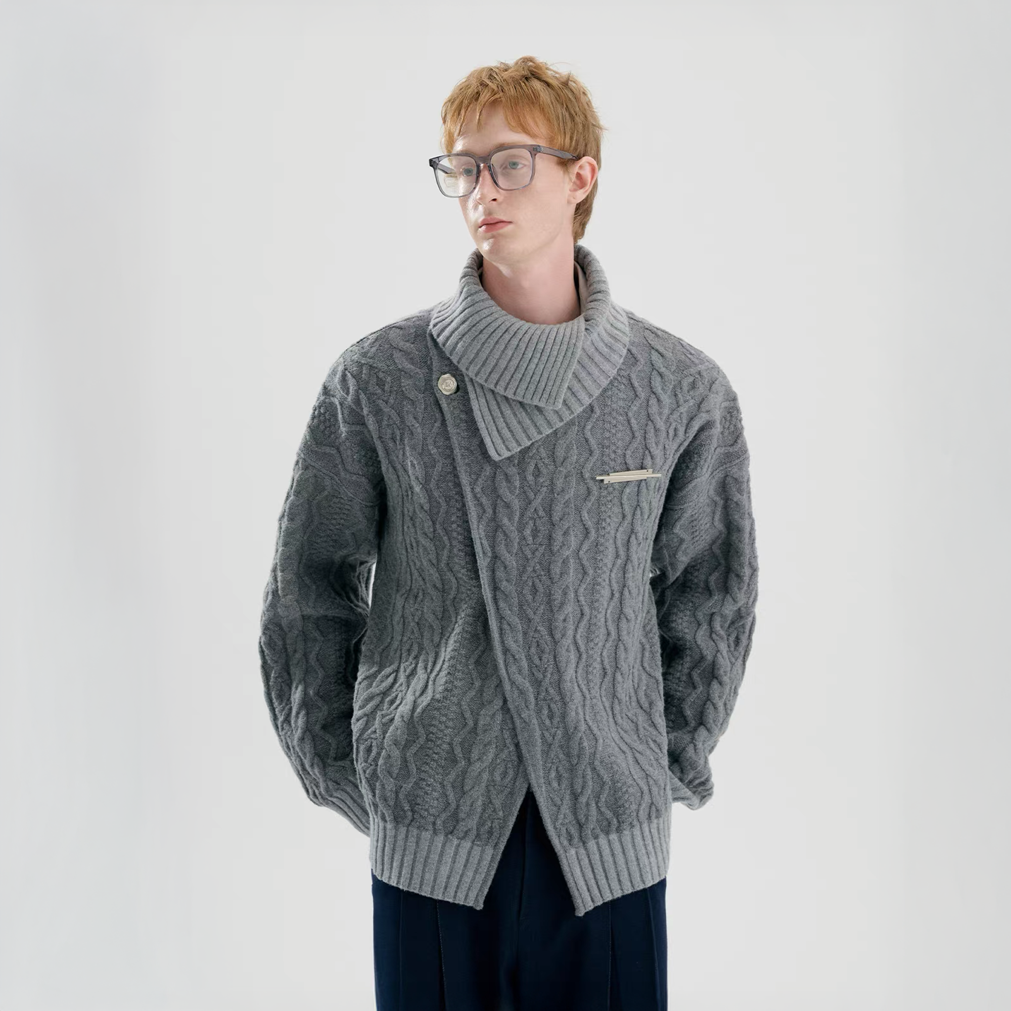 TIWILLTANG Crossed Cable-Knit Shawl-Collar Cardigan