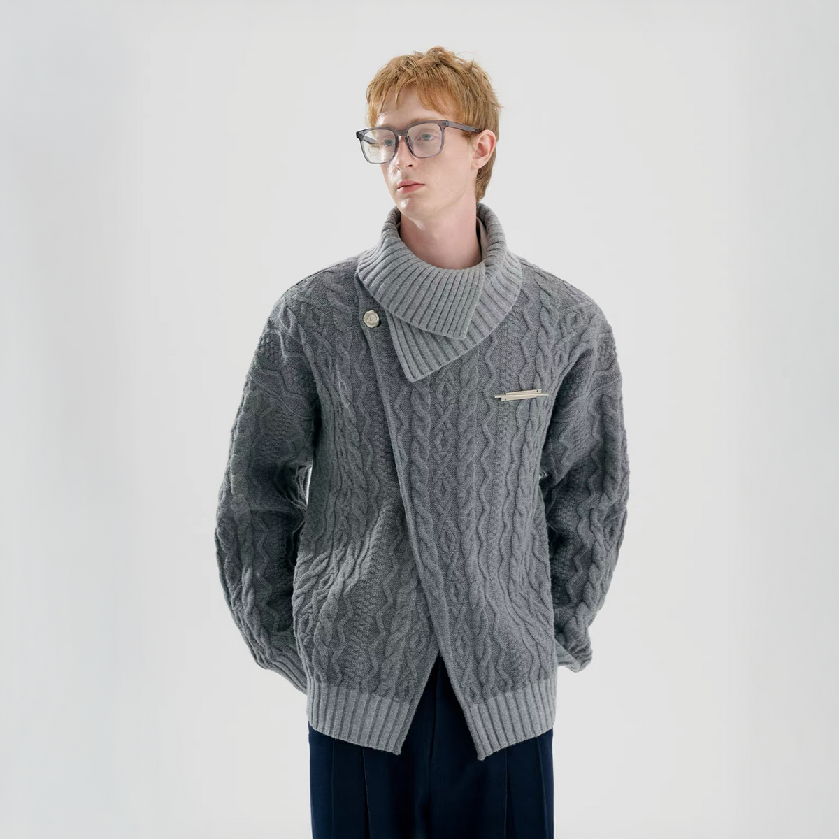TIWILLTANG Crossed Cable-Knit Shawl-Collar Cardigan