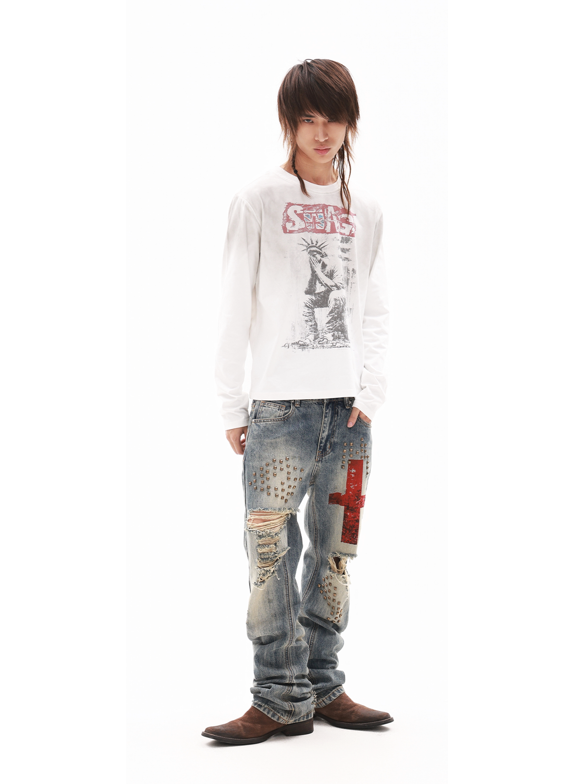 DETW Washed Distressed Rivet Stacked Curved Jeans