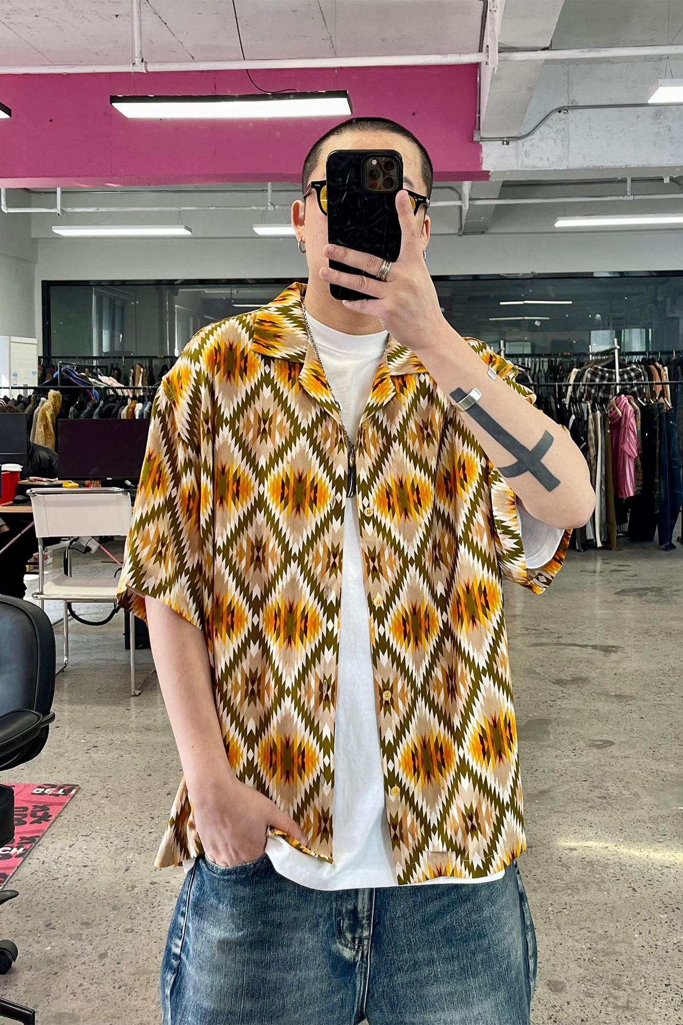 ME DA IGUAL Geometric Full-Print Button-Up Half Shirt, premium urban and streetwear designers apparel on PROJECTISR.com, ME DA IGUAL