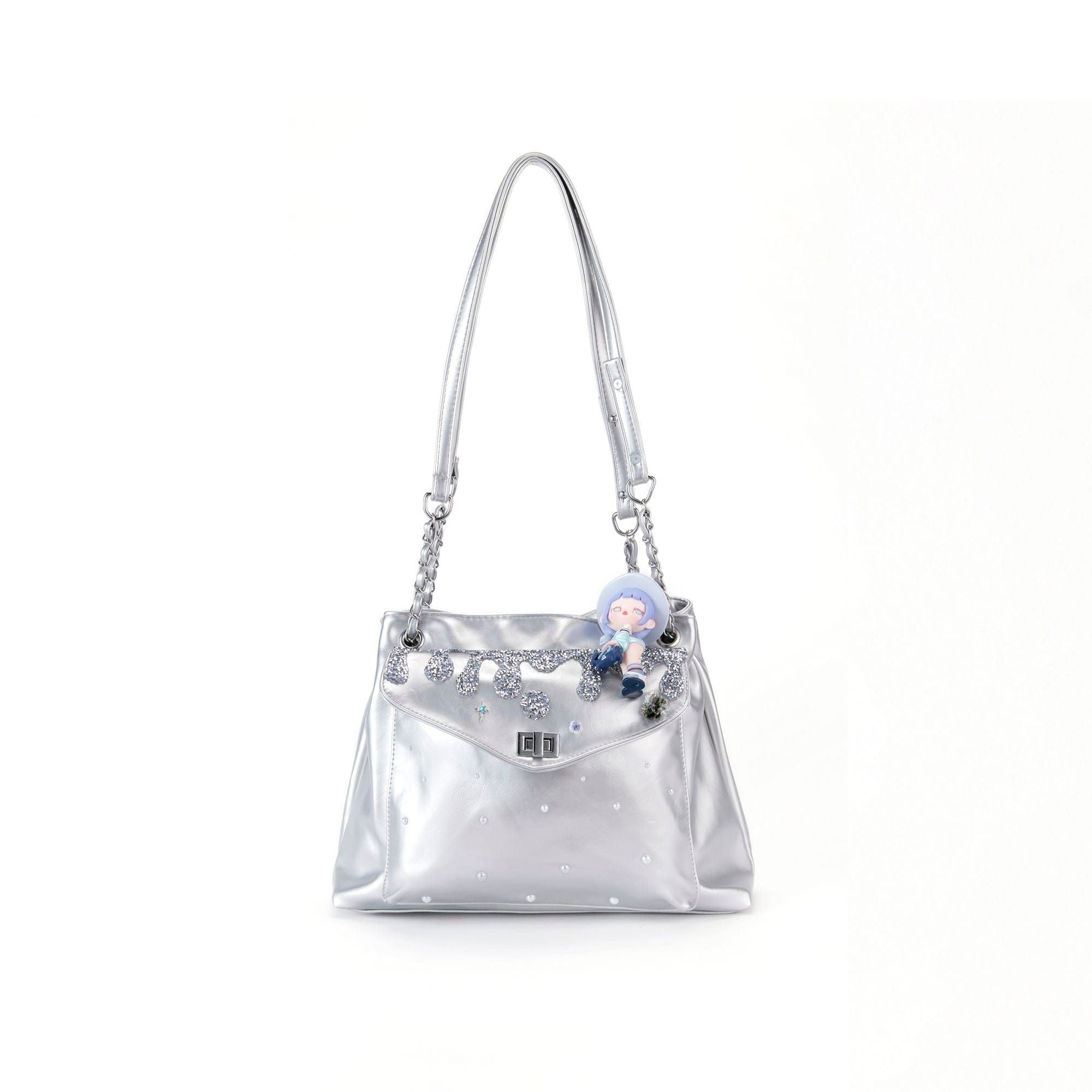 BLING BOX Silver Glitter Drip Doll Shoulder Bag, premium urban and streetwear designers apparel on PROJECTISR.com, BLING BOX