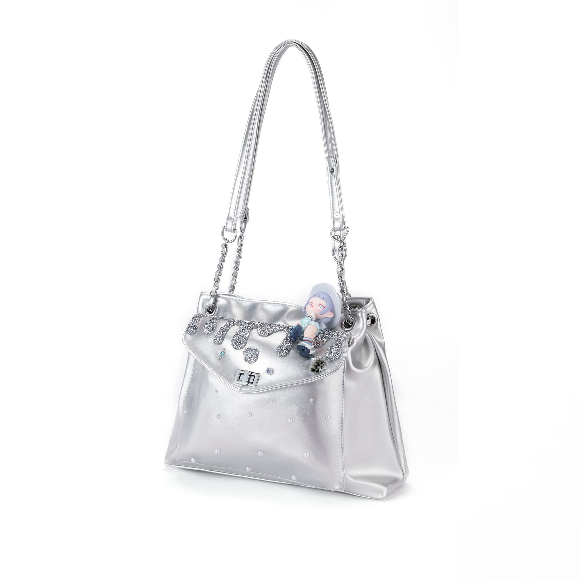 BLING BOX Silver Glitter Drip Doll Shoulder Bag, premium urban and streetwear designers apparel on PROJECTISR.com, BLING BOX