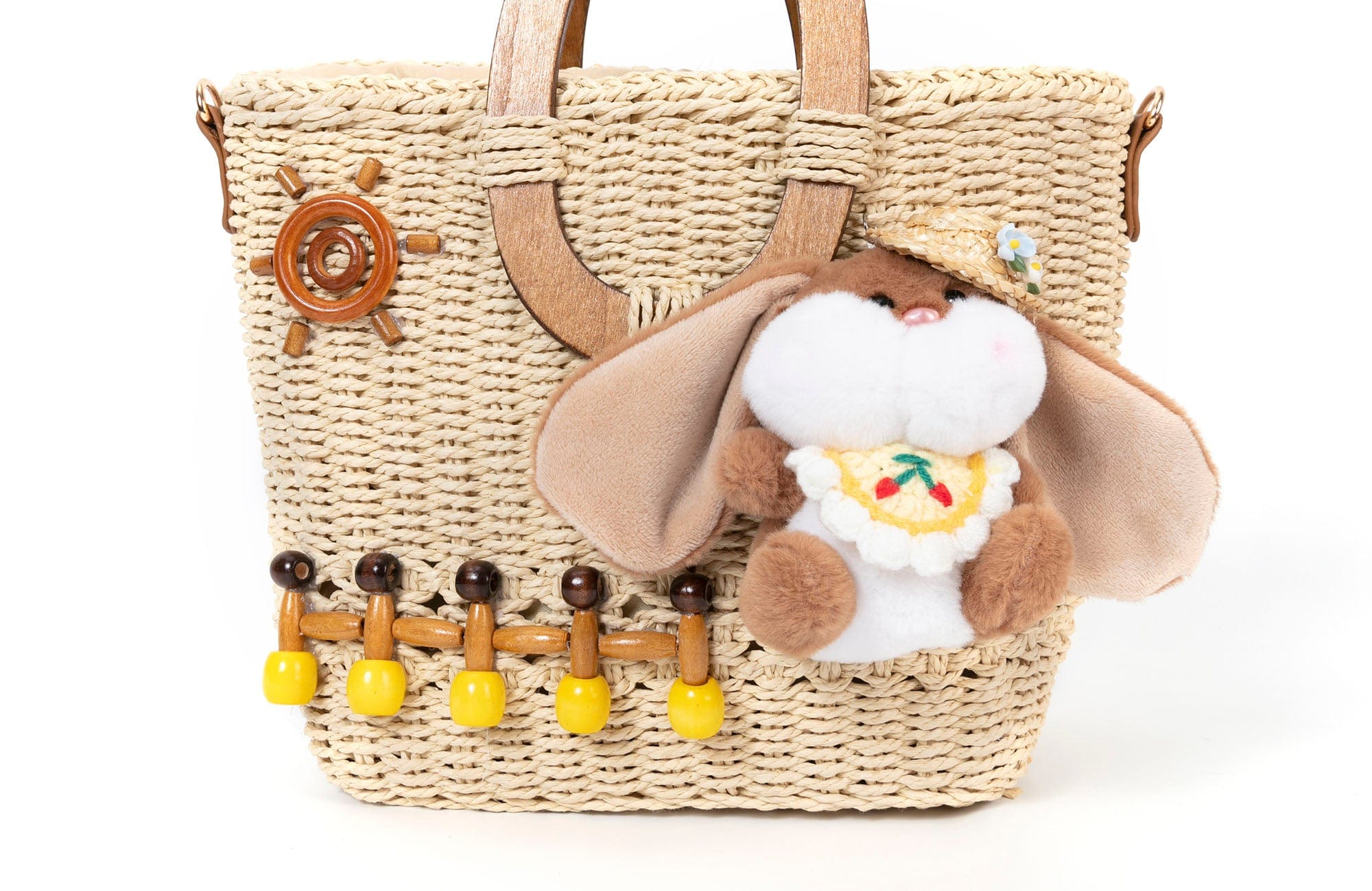 BLING BOX Plush Bunny Charm Embellished Straw Tote, premium urban and streetwear designers apparel on PROJECTISR.com, BLING BOX