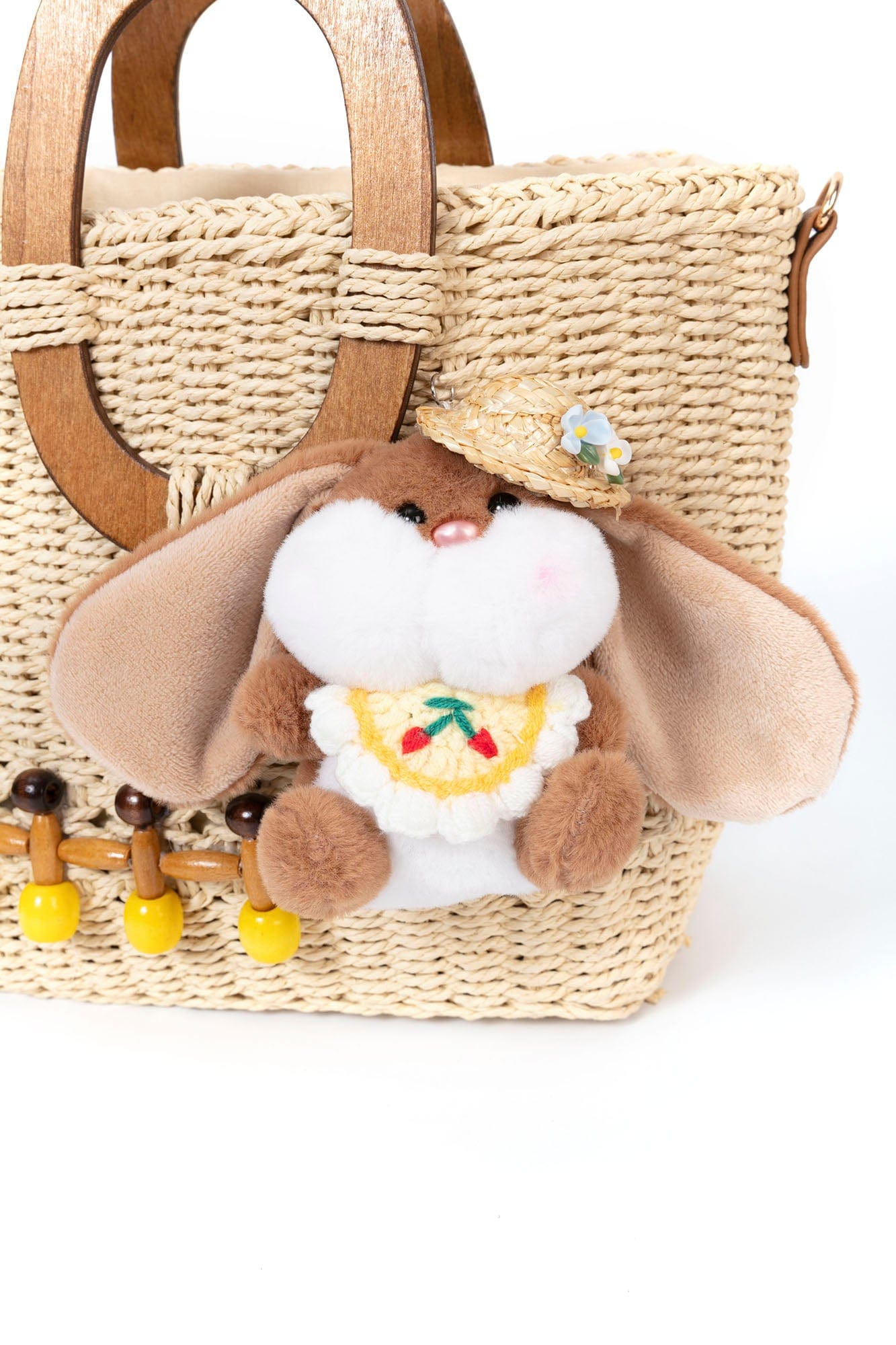 BLING BOX Plush Bunny Charm Embellished Straw Tote, premium urban and streetwear designers apparel on PROJECTISR.com, BLING BOX