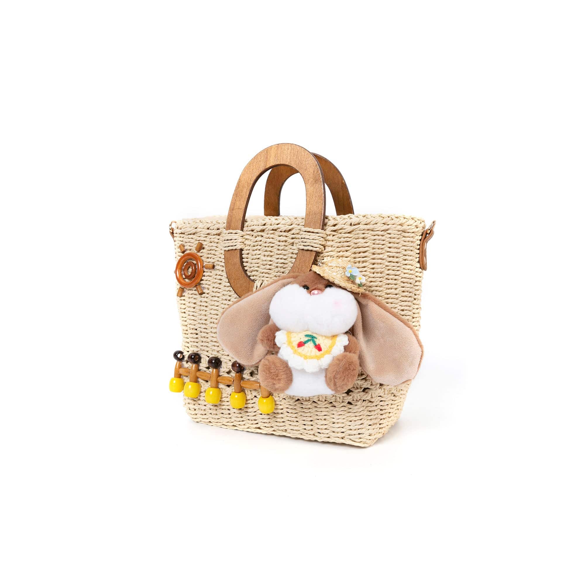 BLING BOX Plush Bunny Charm Embellished Straw Tote, premium urban and streetwear designers apparel on PROJECTISR.com, BLING BOX