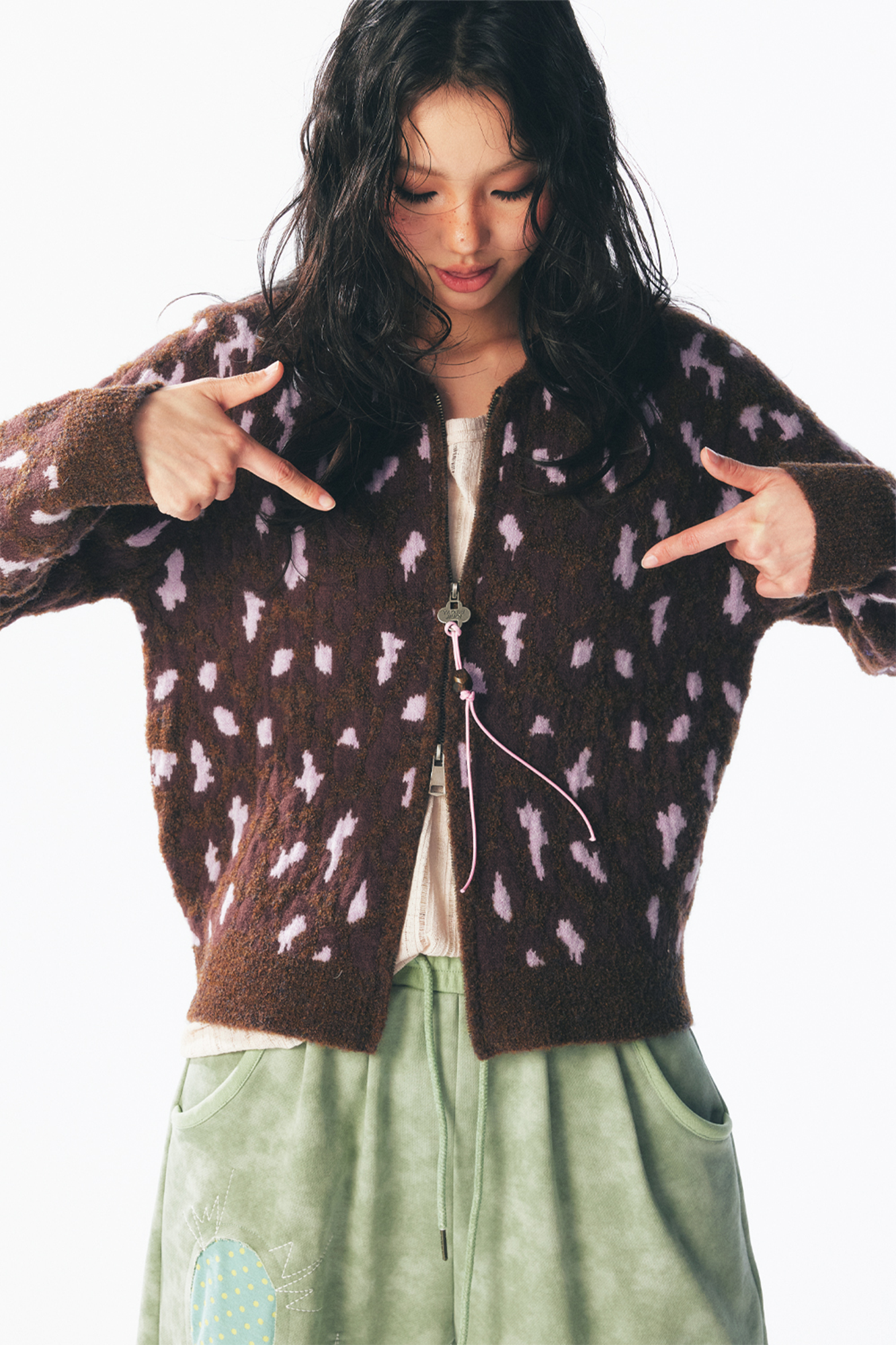 1997 POSTOFFICE Fuzzy Strawberry-Leopard Dual-Zip Knit Jacket