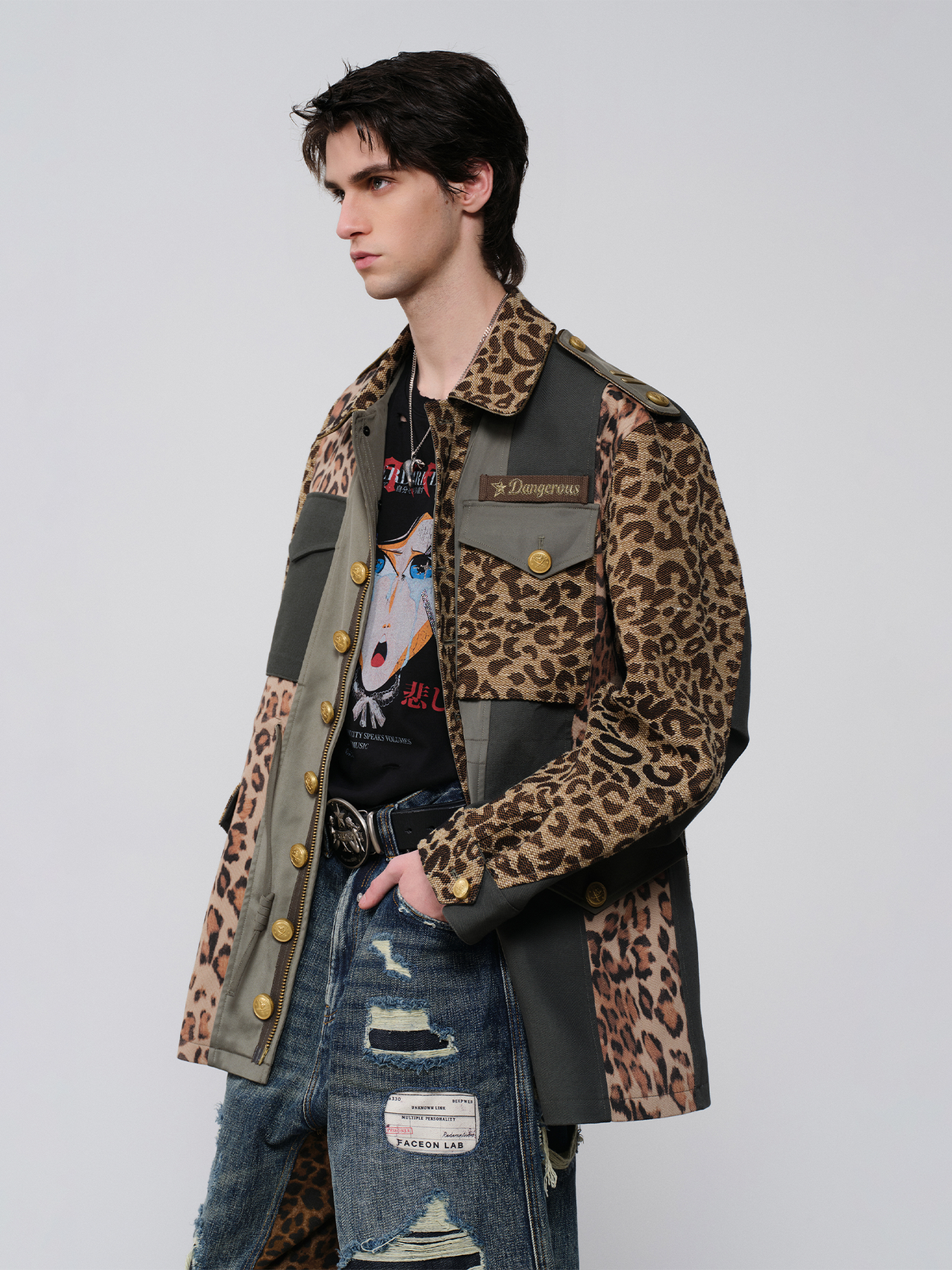FACEONLAB Camo Spliced Leopard Lapel Jacket Brown