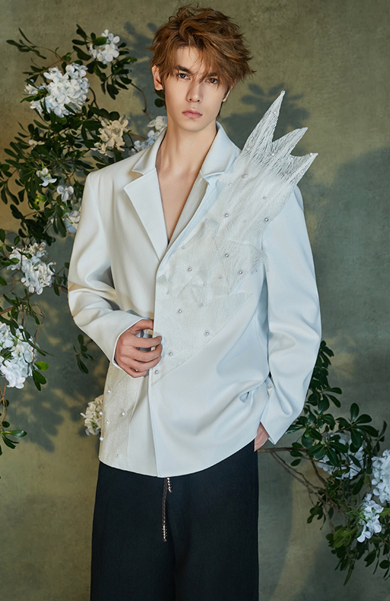 JIECHI Pearl-Embellished Sheer Feather Blazer