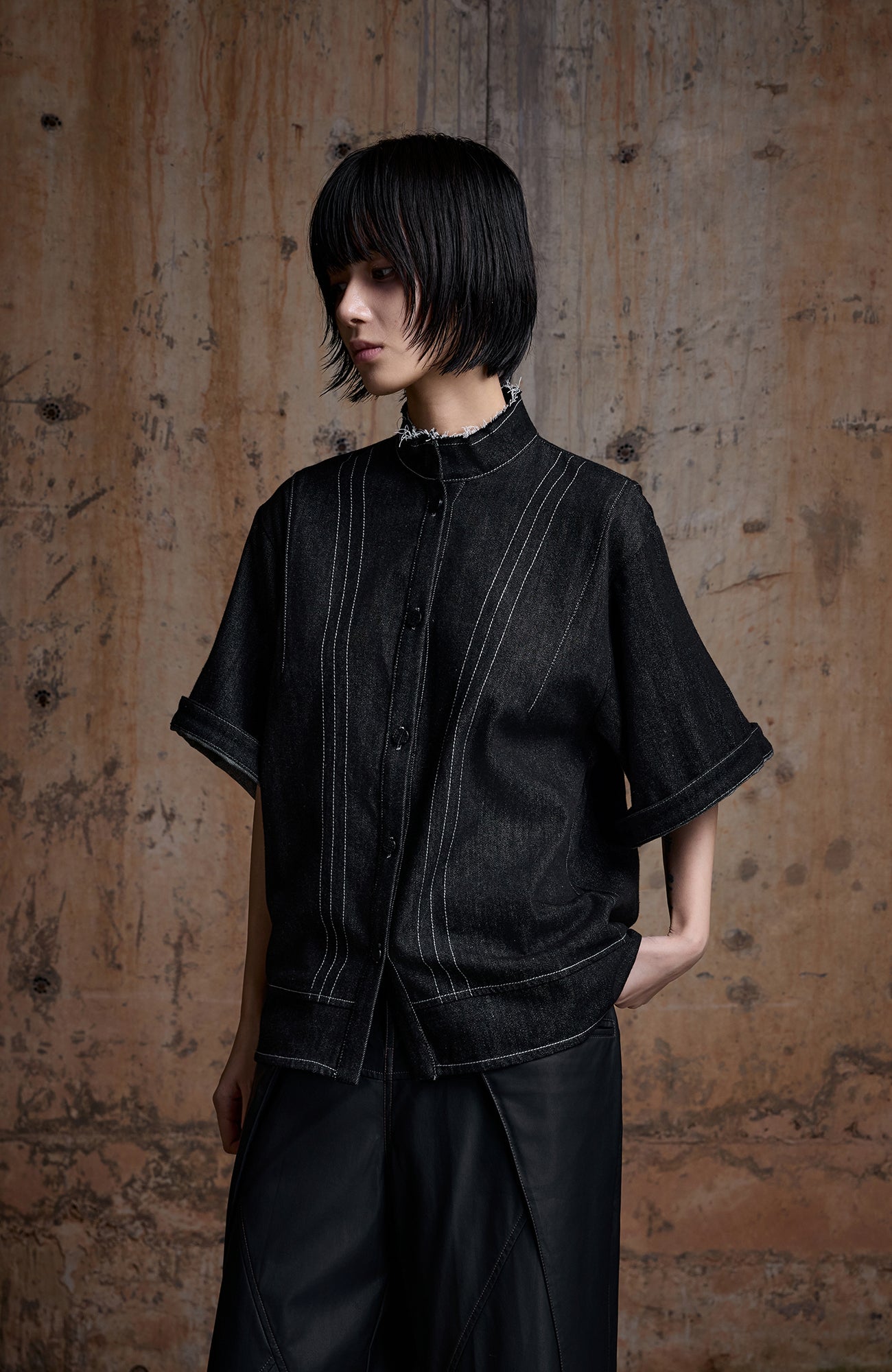 2000RSK Frayed Denim Short-Sleeve Button-Down Shirt