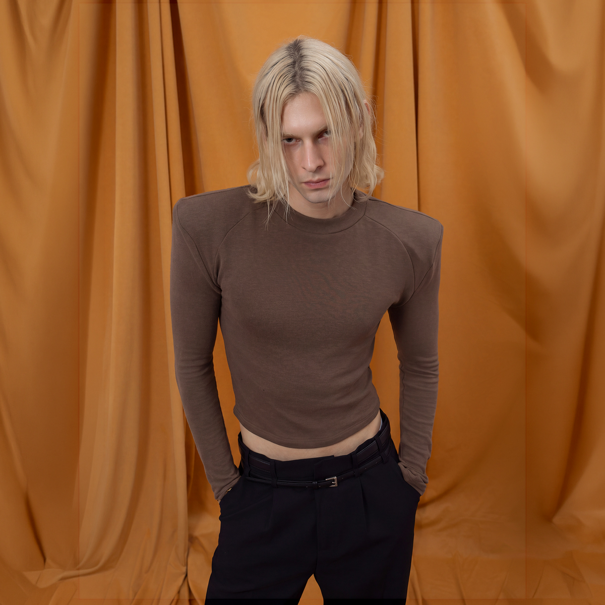 CLP Shoulder-Padded Cropped Long-Sleeve Tee