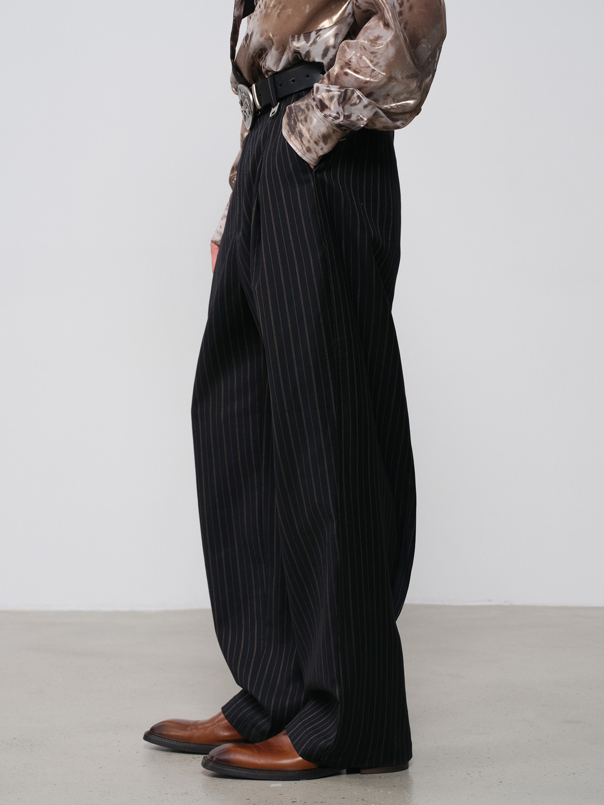 FACEONLAB Striped Wool-Blend Wide-Leg Trousers